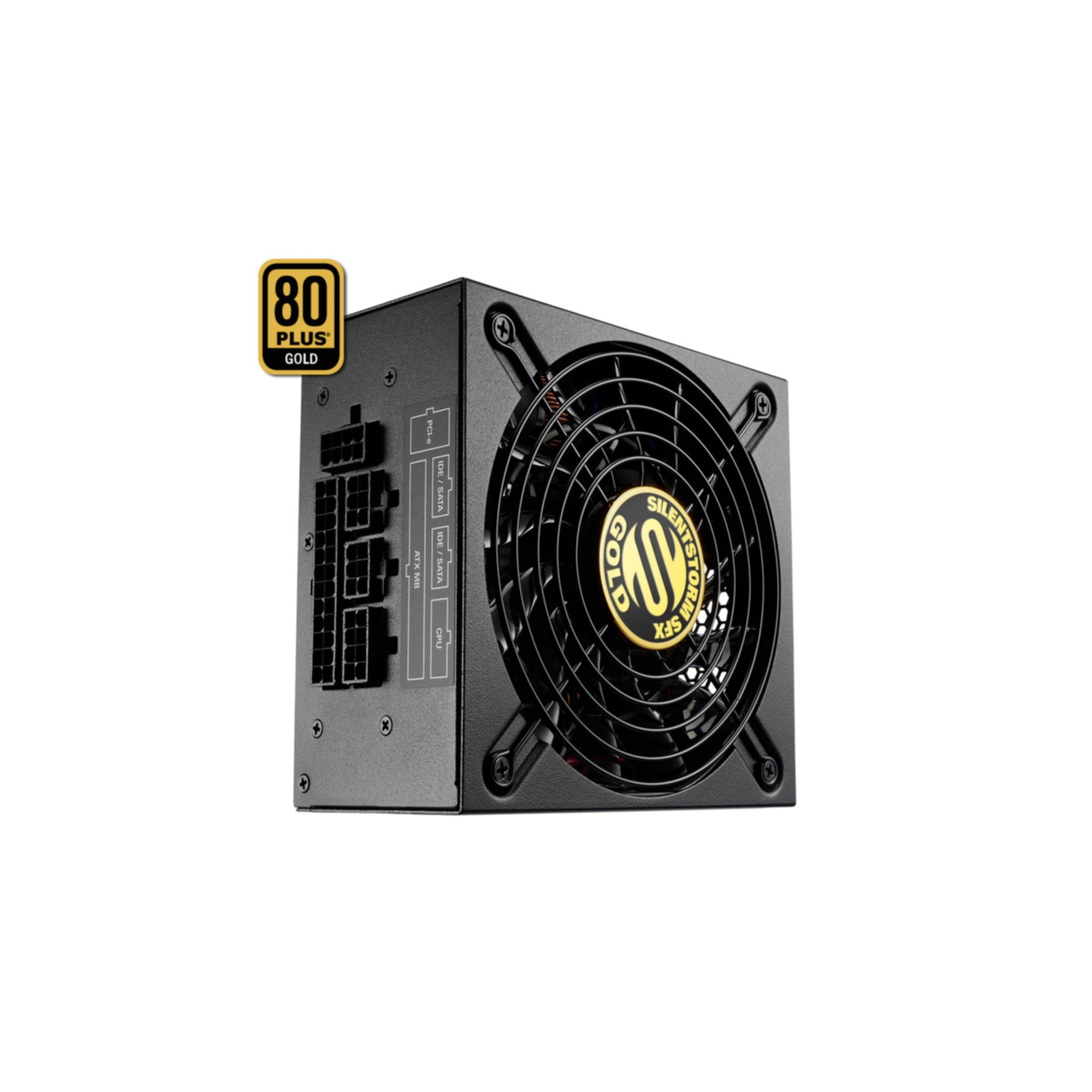 Czarny zasilacz z wentylatorem i złączami. Tło jest białe.