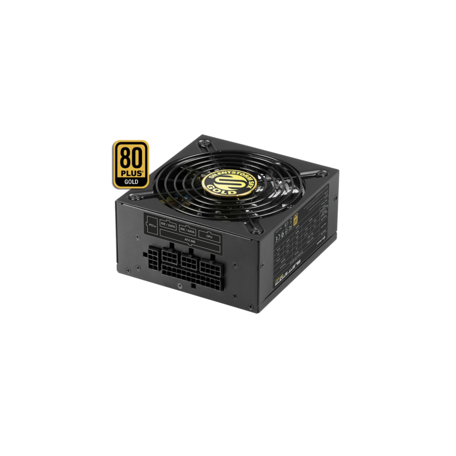 Czarny zasilacz z wentylatorem i naklejką 80 Plus Gold, na białym tle.