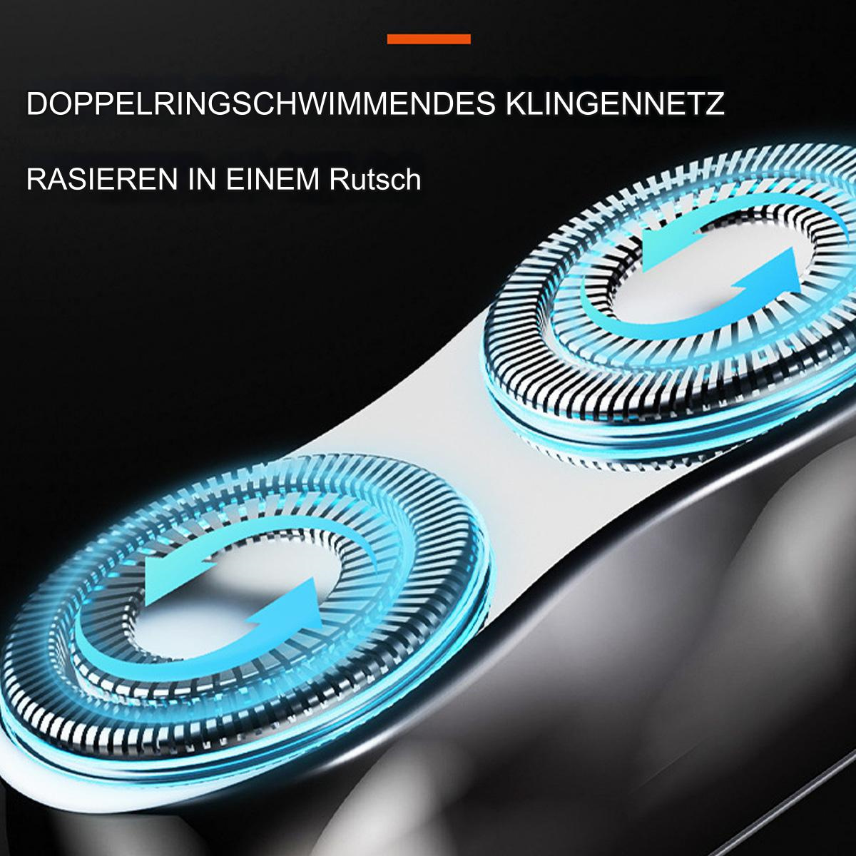 Nahaufnahme eines Rasiererkopfes mit zwei rotierenden Klingen. Blaue Pfeile zeigen die Richtung.