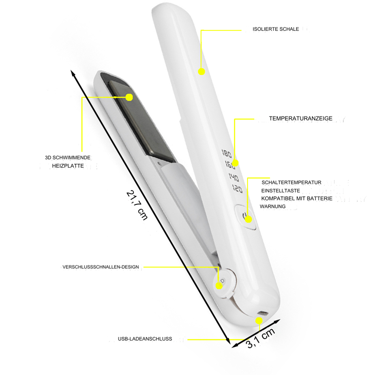 Ein weißer Haarglätter, offen, mit Heizplatten. Hat Temperatureinstellungen und einen USB-Ladeanschluss.