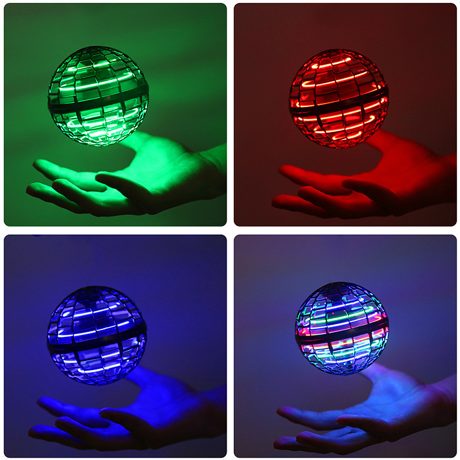 Cuatro imágenes de una esfera brillante en diferentes colores: verde, rojo, azul y mixto.