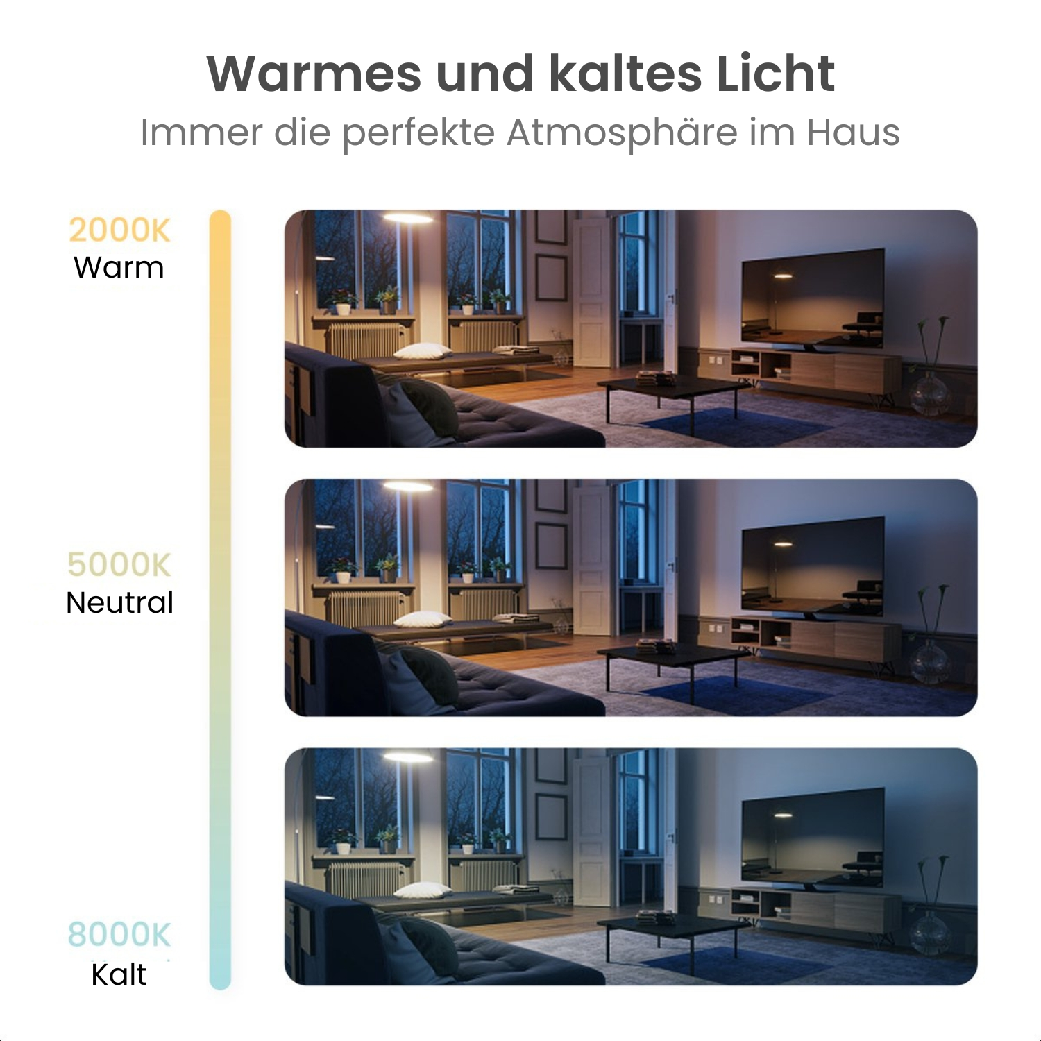 Three living room scenes with different lighting temperatures: warm, neutral, and cold. A TV is present.