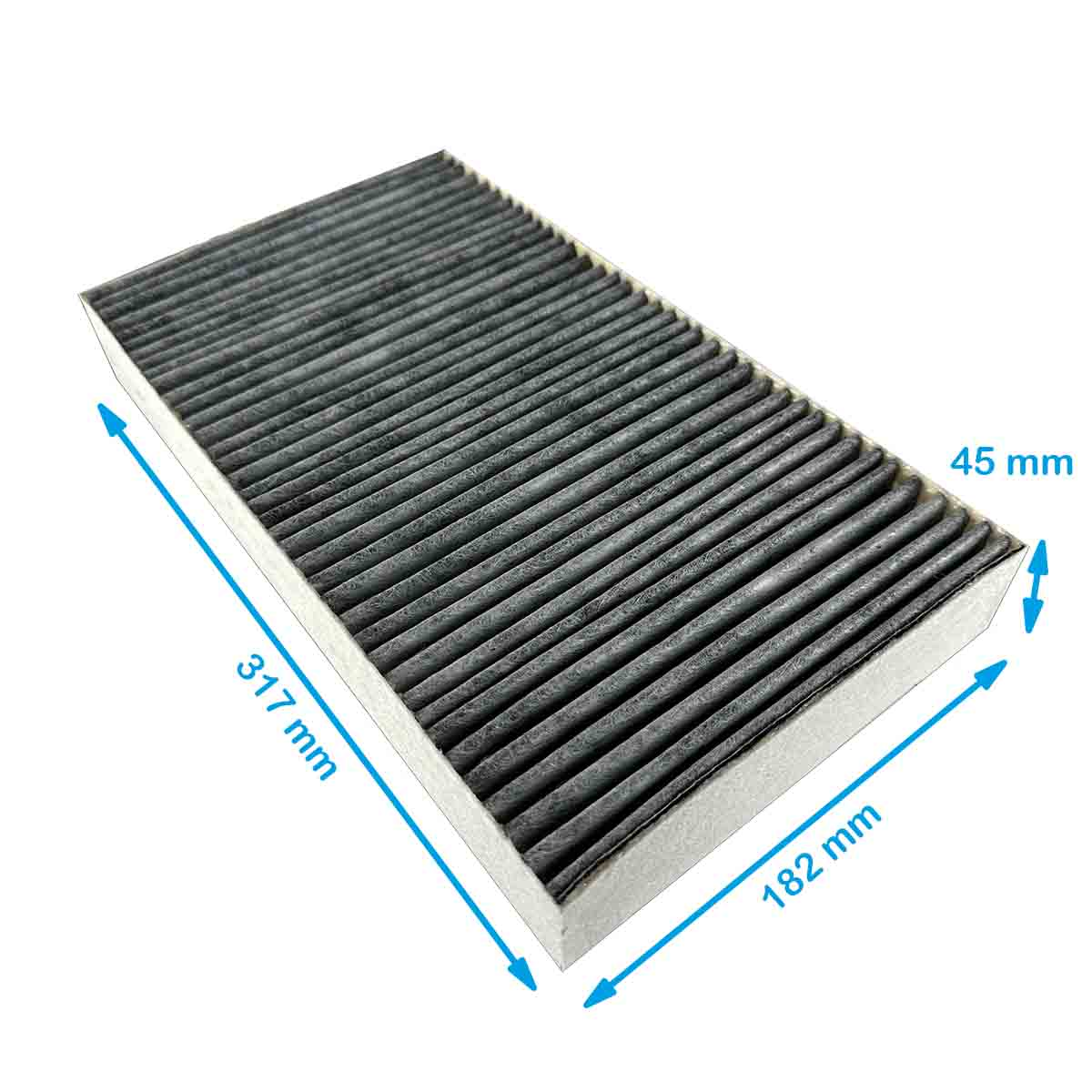 Luftfilter mit den Maßen: 317 mm lang, 182 mm breit und 45 mm dick. Der Filter ist dunkelgrau.