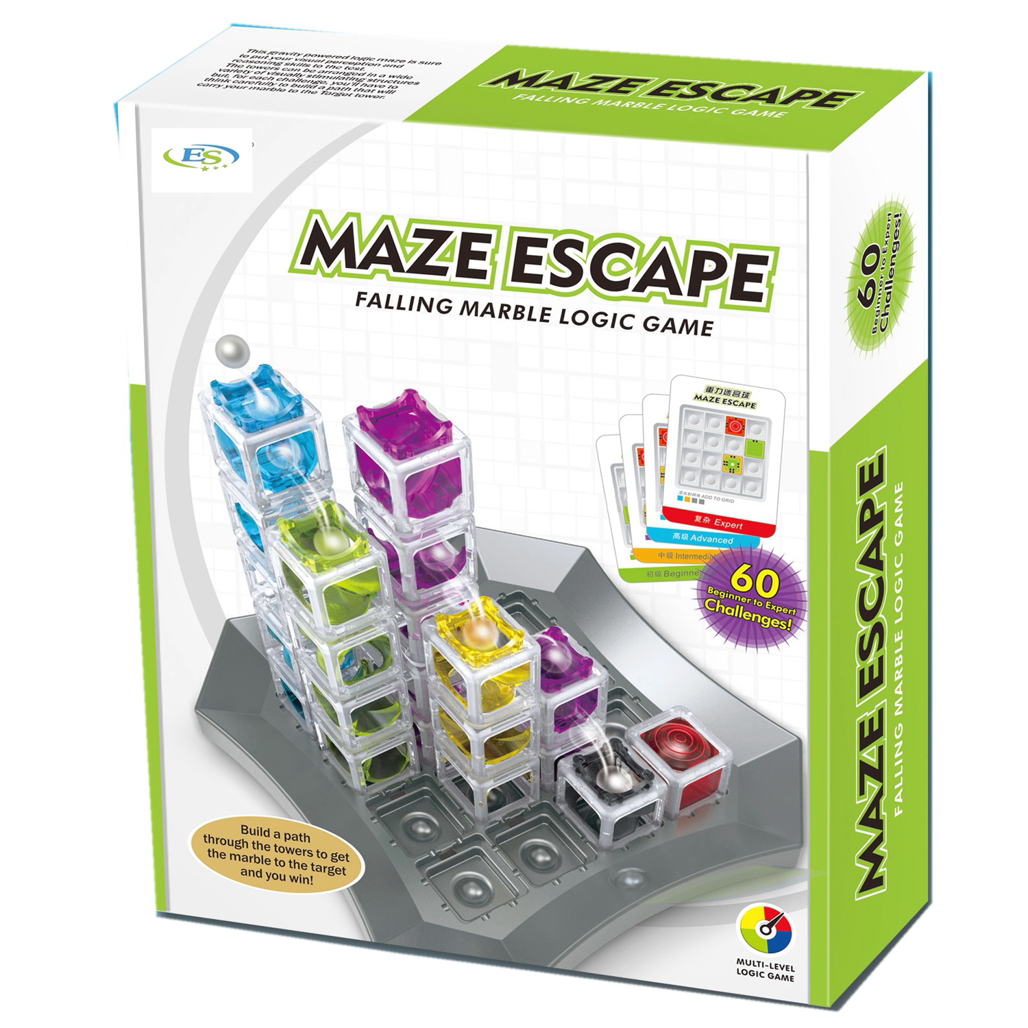 Eine Brettspielbox mit dem Namen Maze Escape. Ein Spielbrett ist sichtbar.