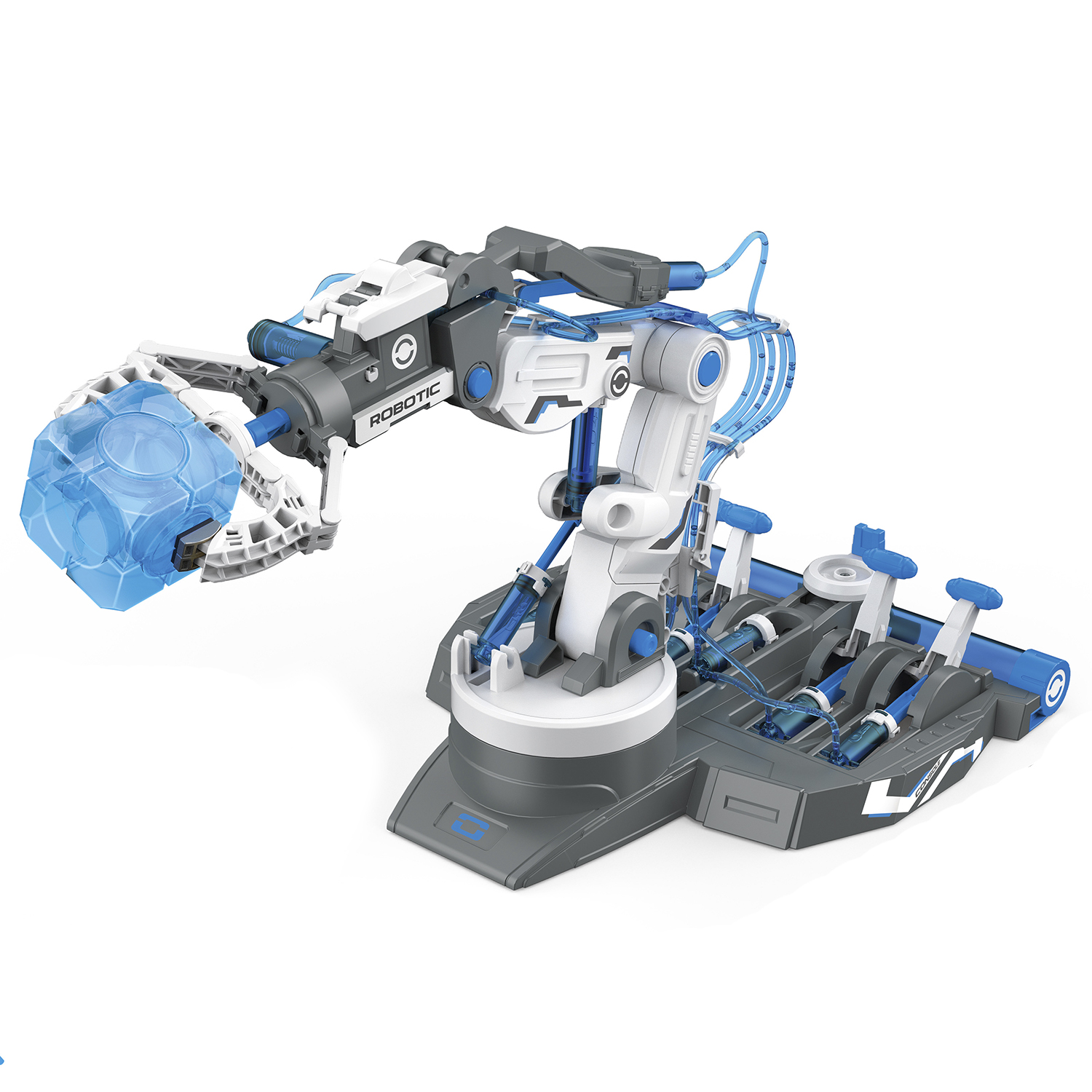 Spielzeug-Roboterarm mit blauem krallenartigen Greifer und Zylindern.