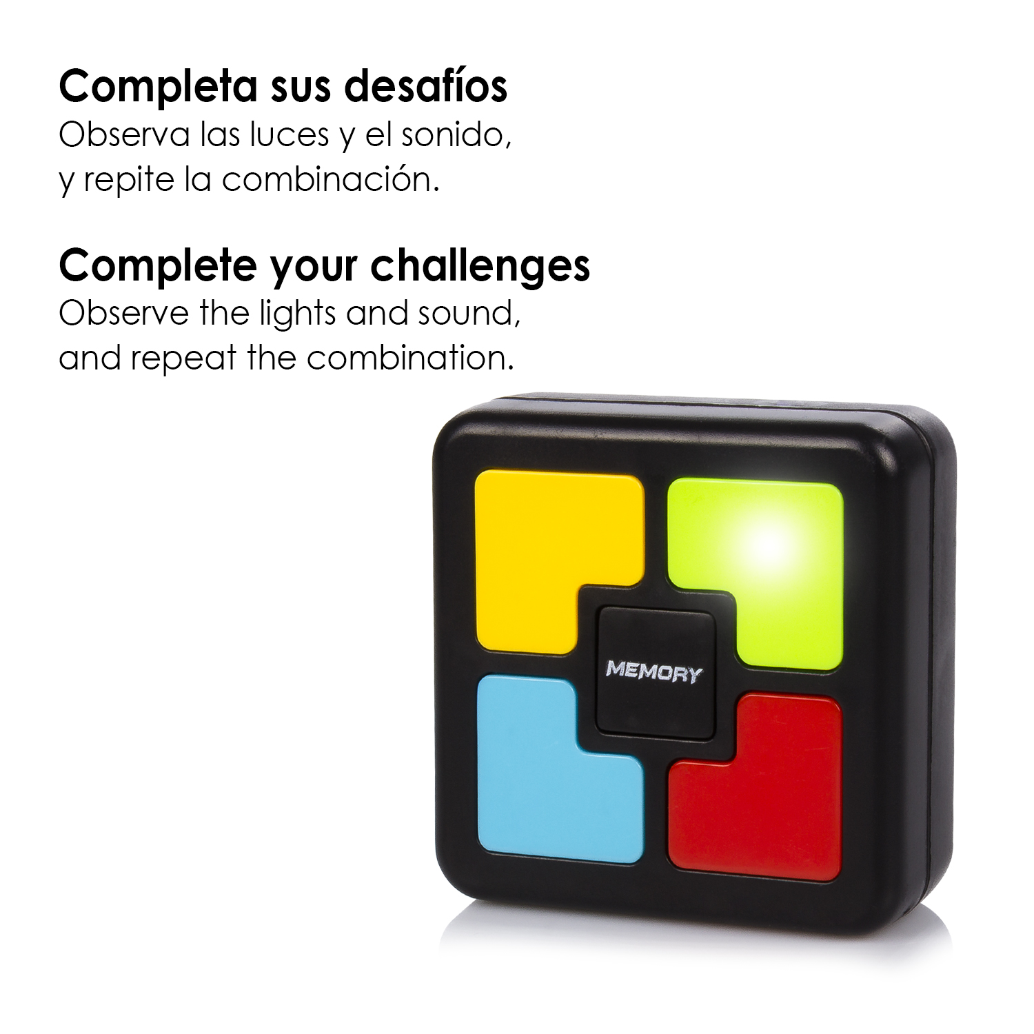 Cubo nero con pulsanti colorati. Si illumina di verde.