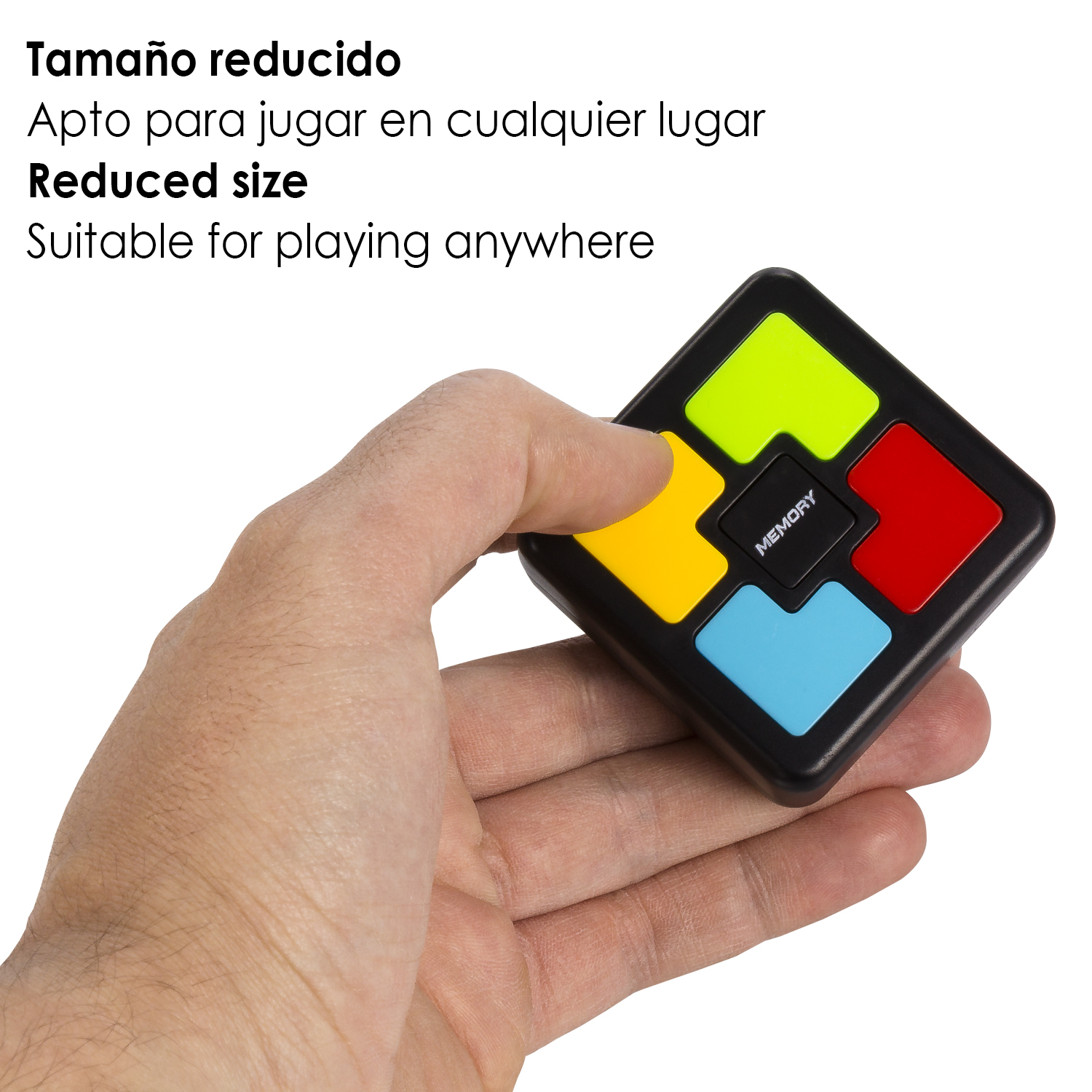 Mano che tiene un gioco di memoria nero con quadrati colorati.