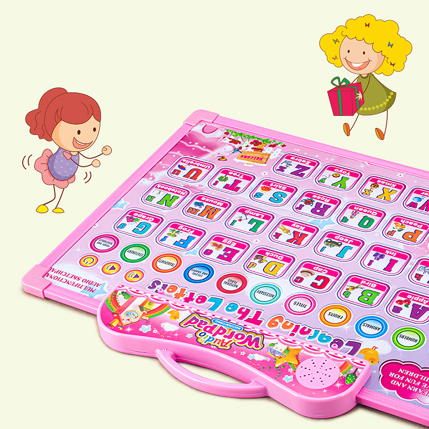 Juguete educativo rosa con letras, dos niños de dibujos animados y un regalo. El fondo es blanco.