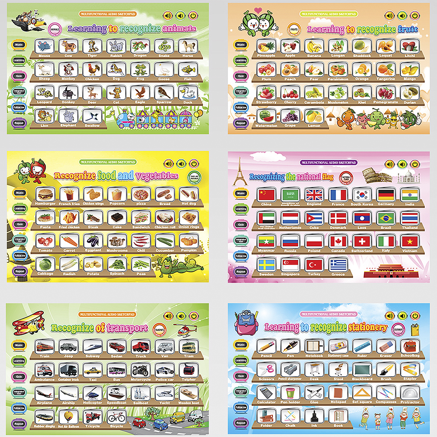 Gráficos educativos con diferentes temas, incluyendo animales, banderas, comida y transporte.