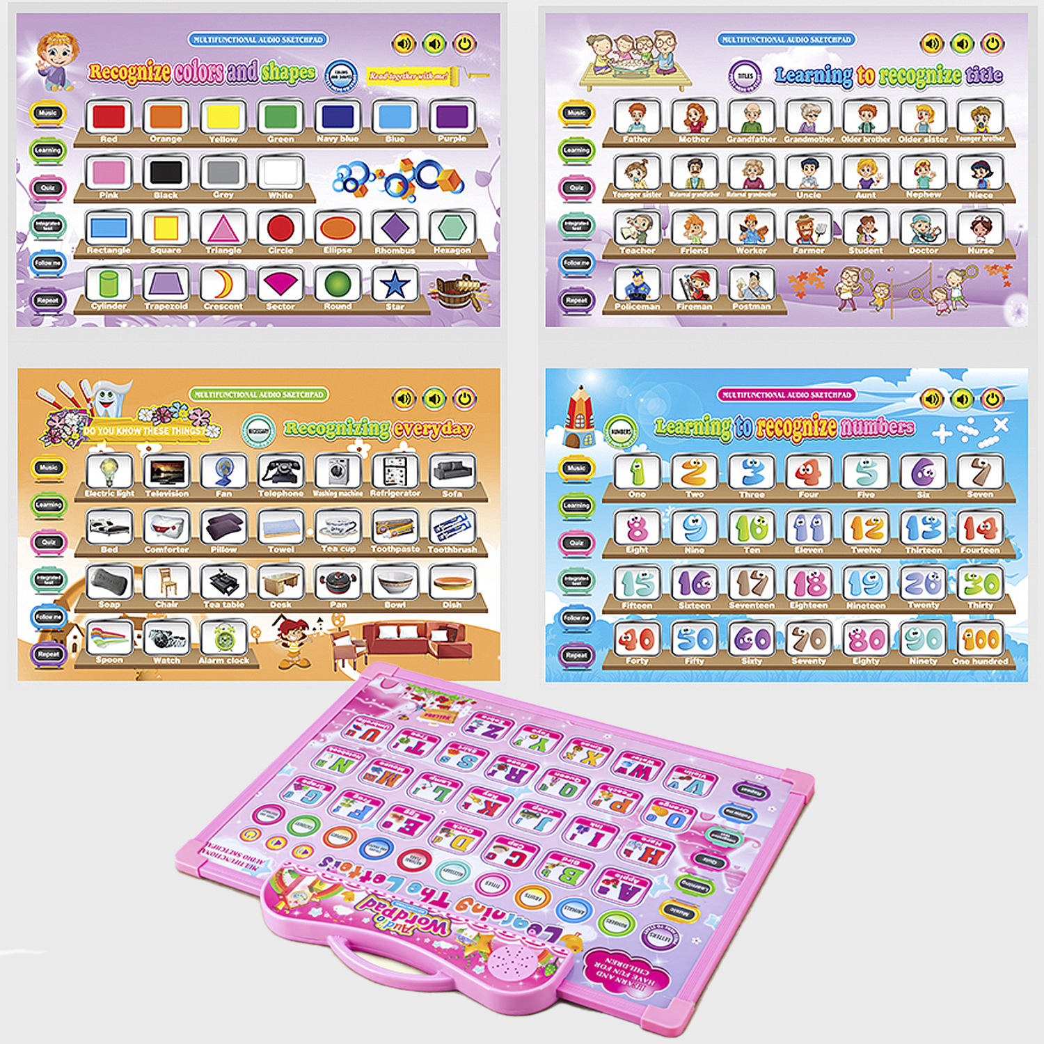 Juguete educativo con base rosa, actividades de aprendizaje para formas, colores, palabras y números. Incluye asa.