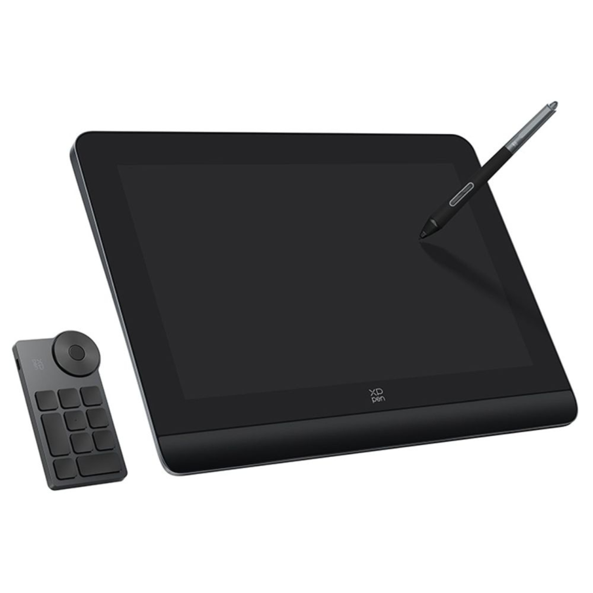 Un tablet da disegno con una penna e un telecomando. Lo schermo è nero. È isolato su sfondo bianco.