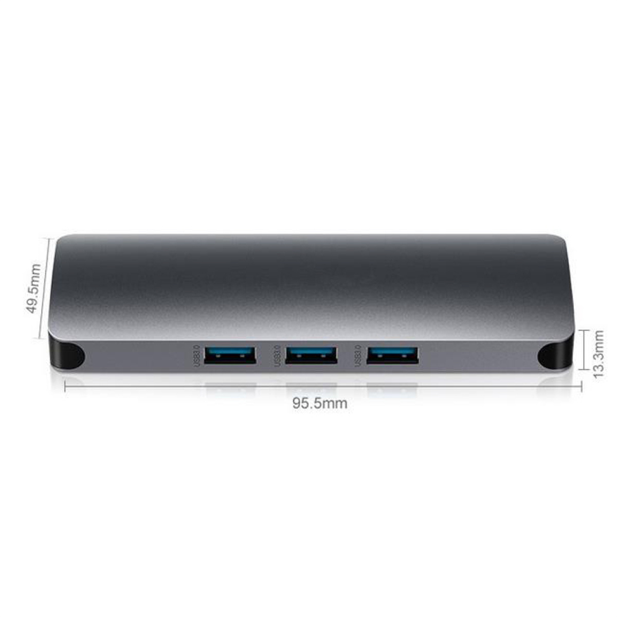 Ein grauer USB-Hub mit 4 USB 3.0-Anschlüssen. Abmessungen sind beschriftet.