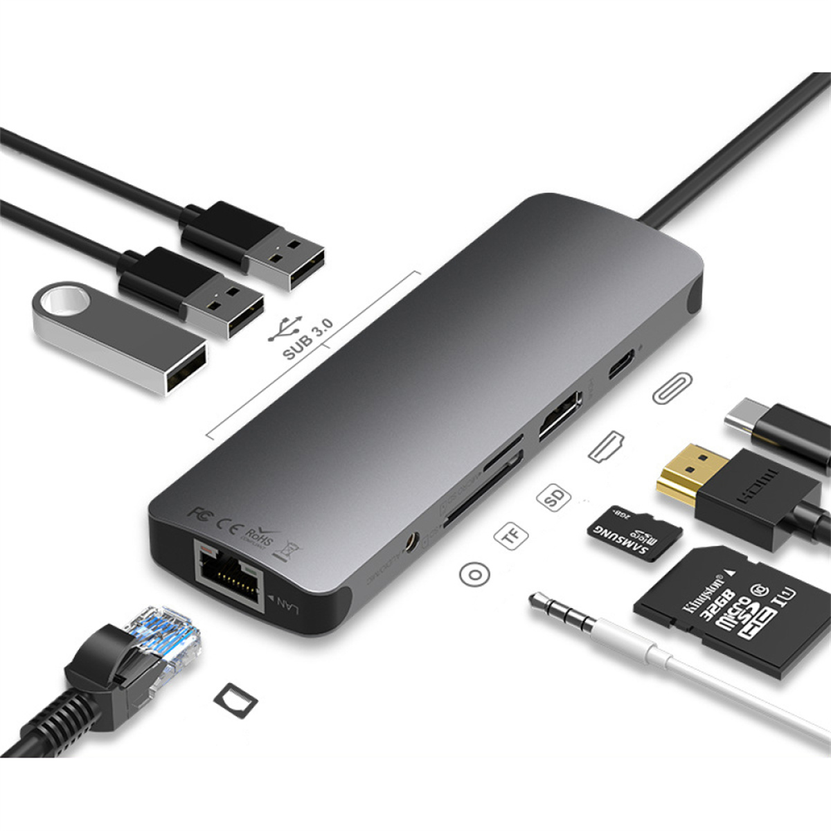 Ein grauer Multiport-Adapter mit angeschlossenen USB-Kabeln, einem USB-Stick und verschiedenen Anschlüssen.