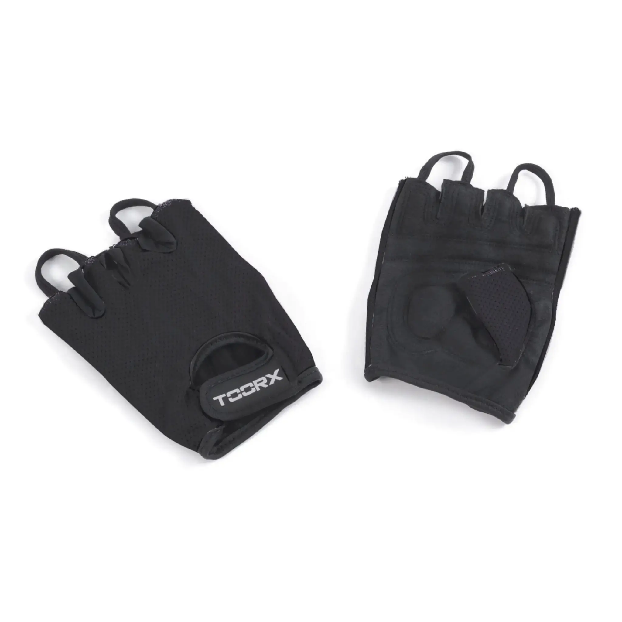 Set zwarte vingerloze handschoenen. De handschoenen hebben een kleine lus en het merk 'TOORX' is zichtbaar.