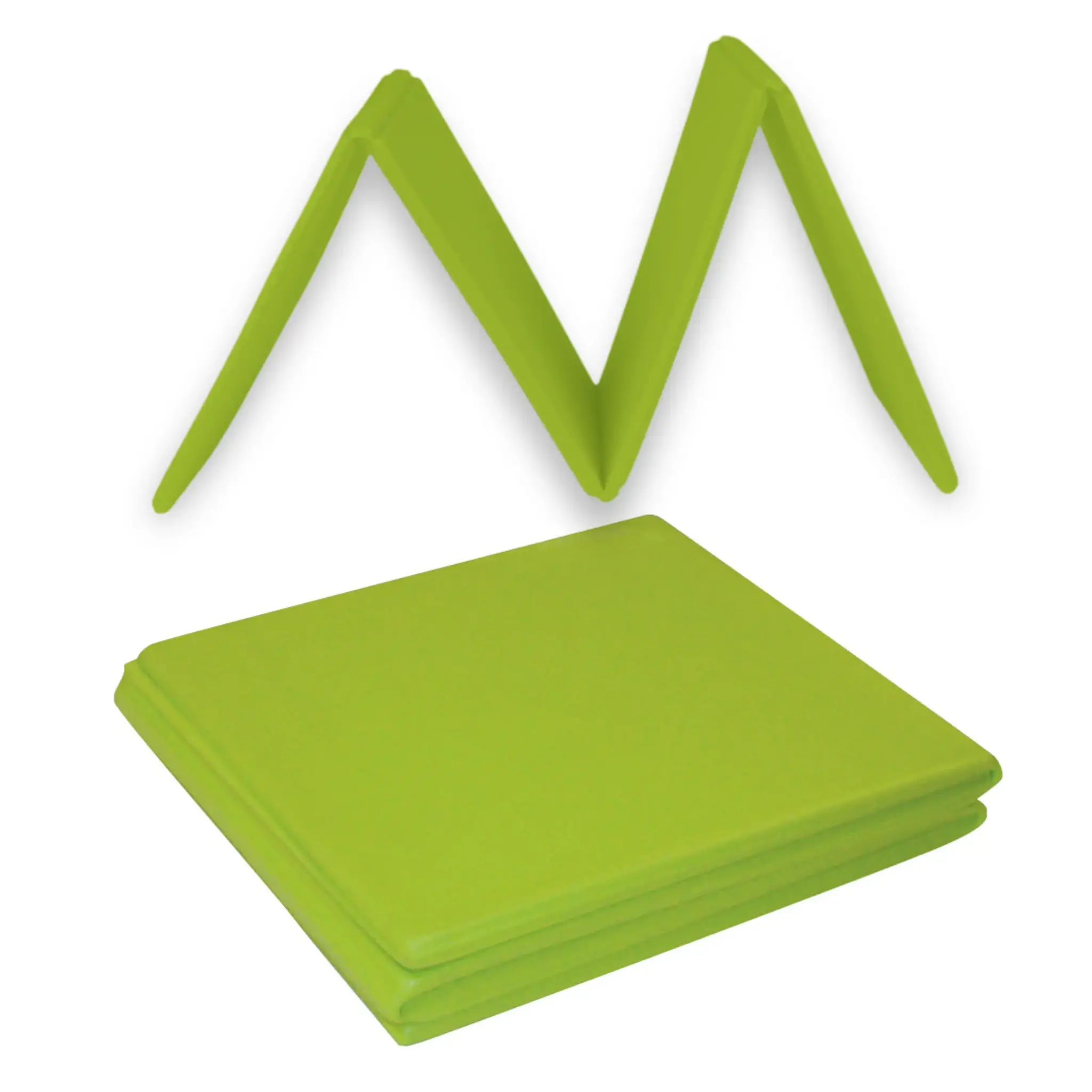 A green folding mat with a square base and two triangular panels folded upwards.