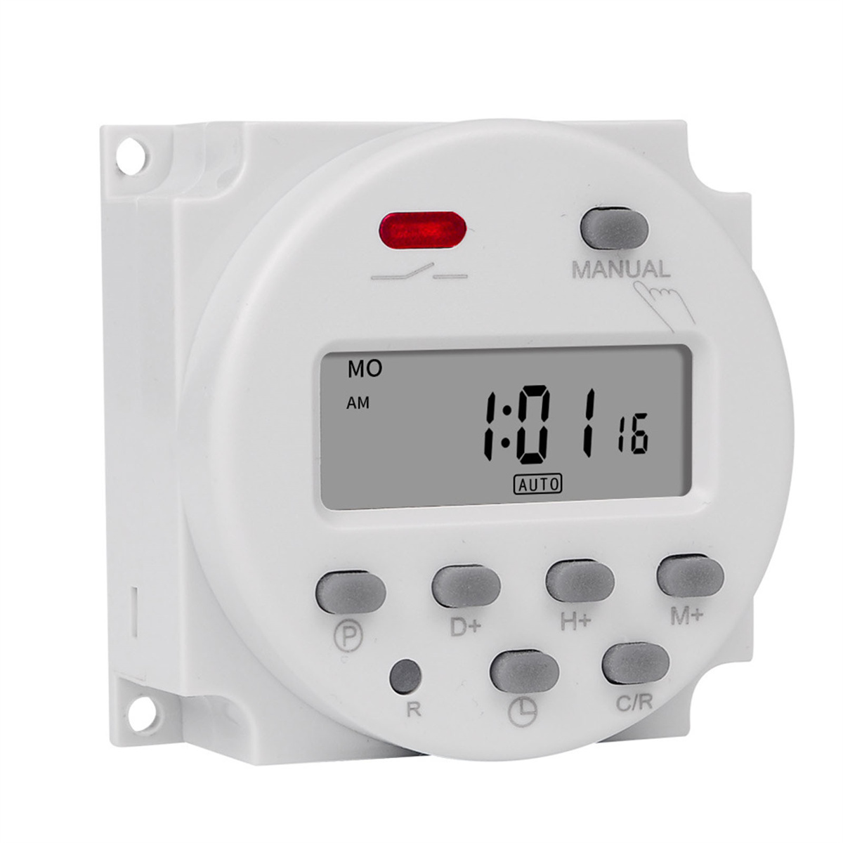Weißer digitaler Timer mit Bildschirm, mehreren Tasten und roter Kontrollleuchte.
