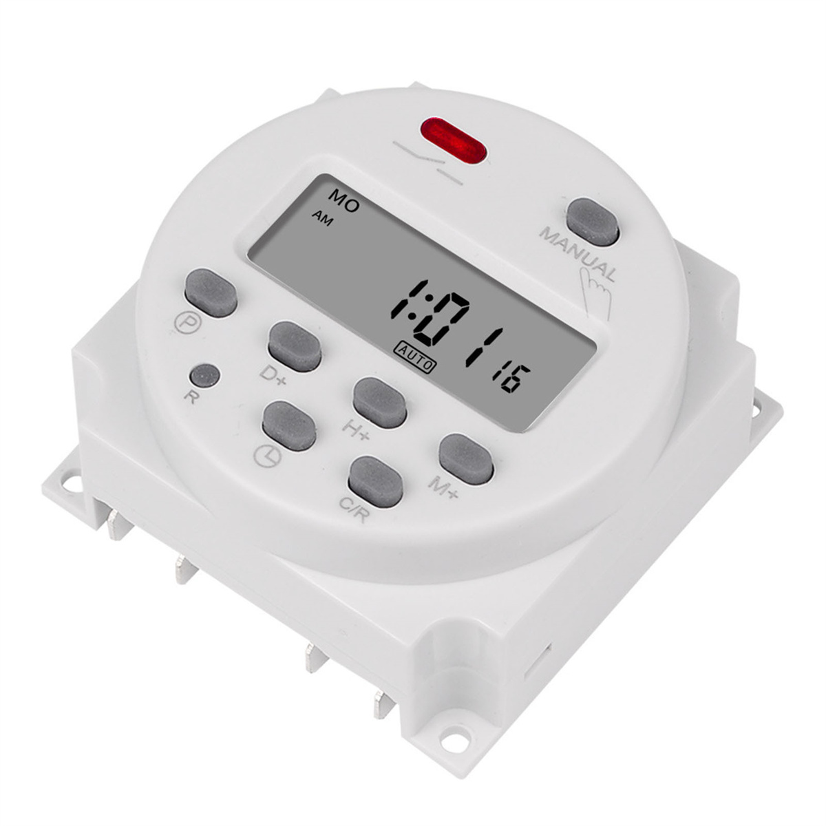 Weißer digitaler Timer mit Knöpfen. Anzeige zeigt die Zeit an. Weißer Hintergrund.