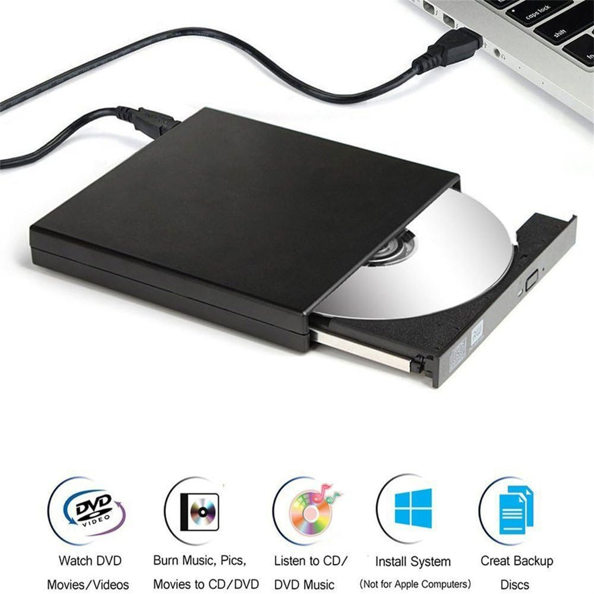 Ein schwarzes externes DVD-Laufwerk mit einer Disc im Inneren. Symbole für DVD-Funktionen unten.