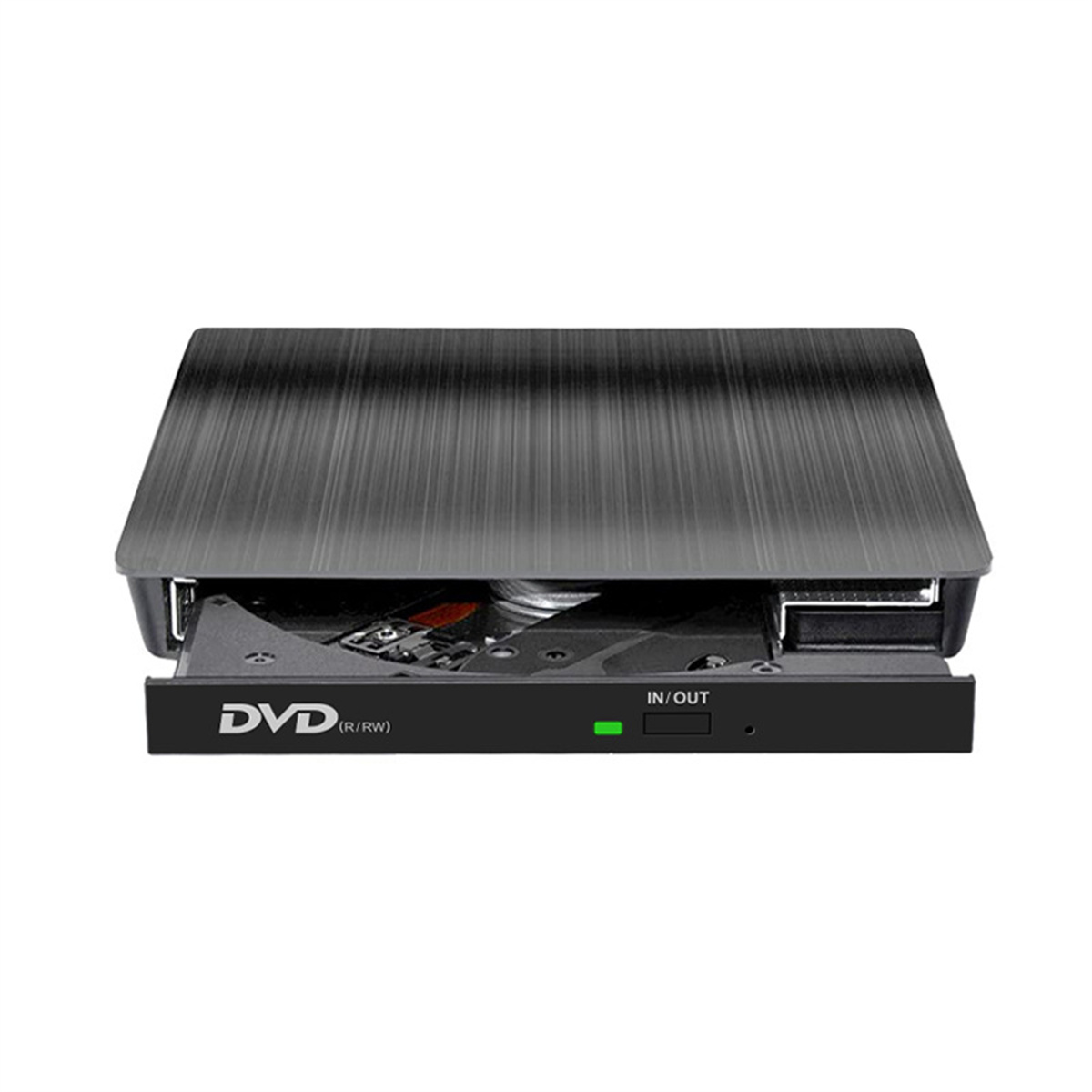Schwarzes DVD-RW-Laufwerk mit teilweise geöffnetem Fach, das die inneren Komponenten und eine grüne Betriebsanzeige zeigt.