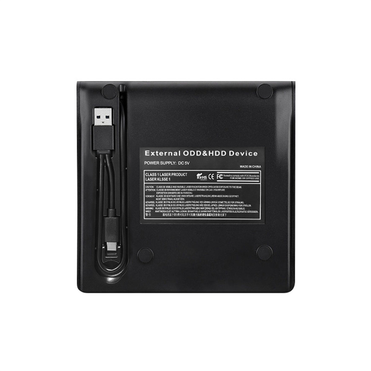 Schwarzes externes ODD & HDD-Gerät mit USB-Kabel. Weißer Hintergrund, technische Details.