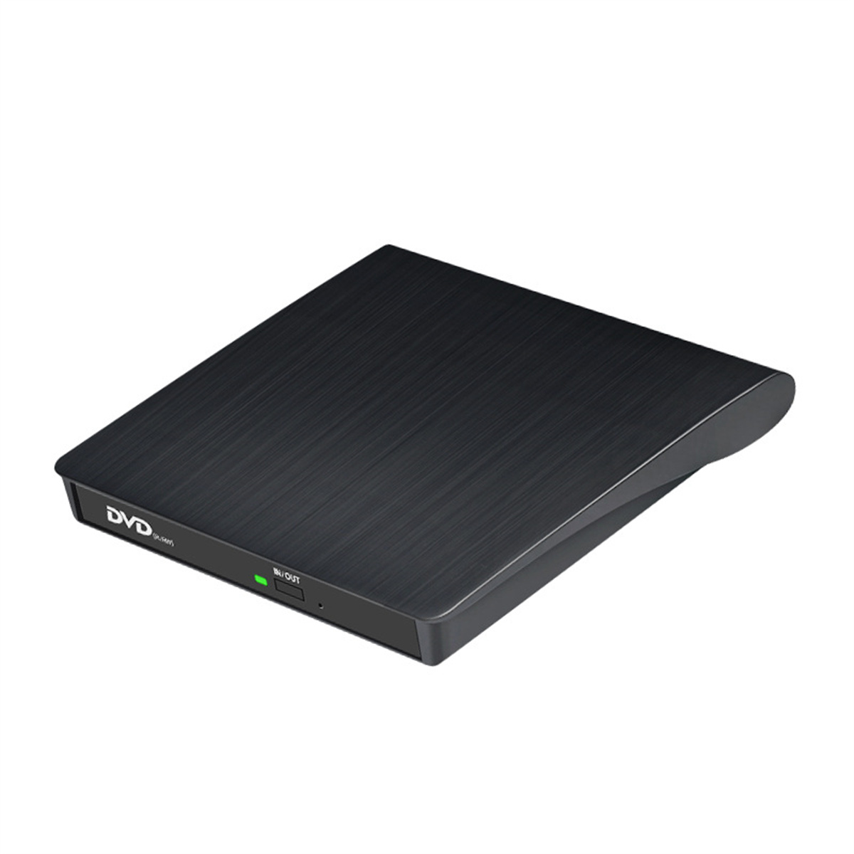 Schwarzer tragbarer DVD-Player mit gebürsteter Metalloberfläche und Ein-/Aus-Taste.