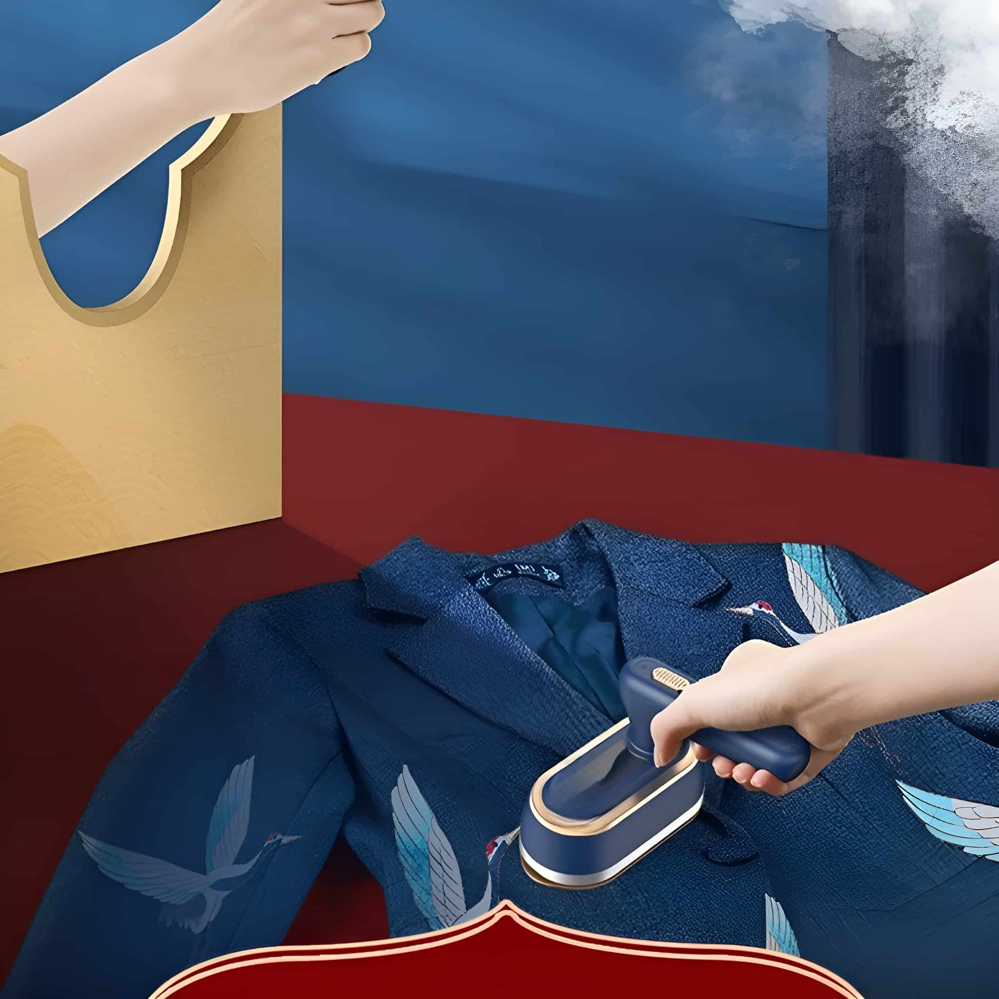 Person bügelt blaue Jacke mit Kranich-Design. Dampf steigt auf, goldene Akzente in der Szene.