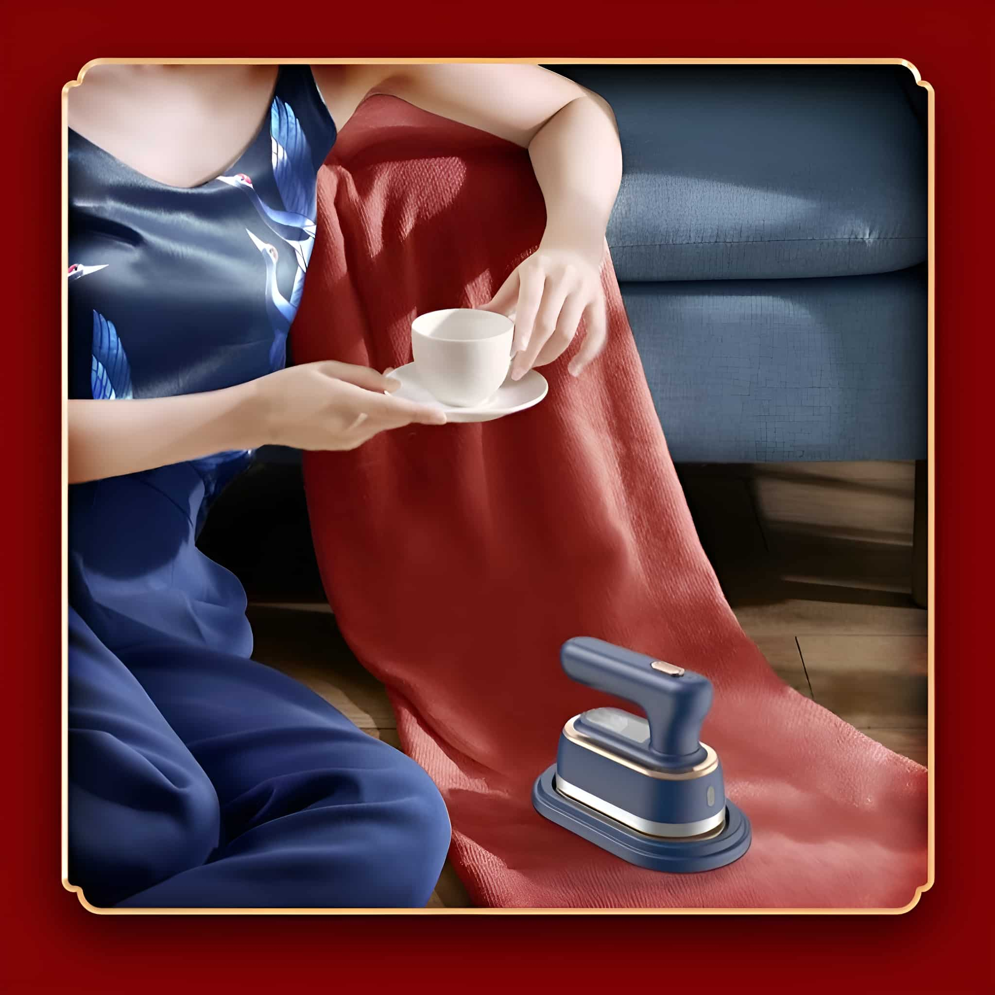 Person sitzt, hält eine Tasse und Untertasse, in der Nähe einer roten Decke. Ein kleines blaues und goldenes Bügeleisen ist vorhanden.