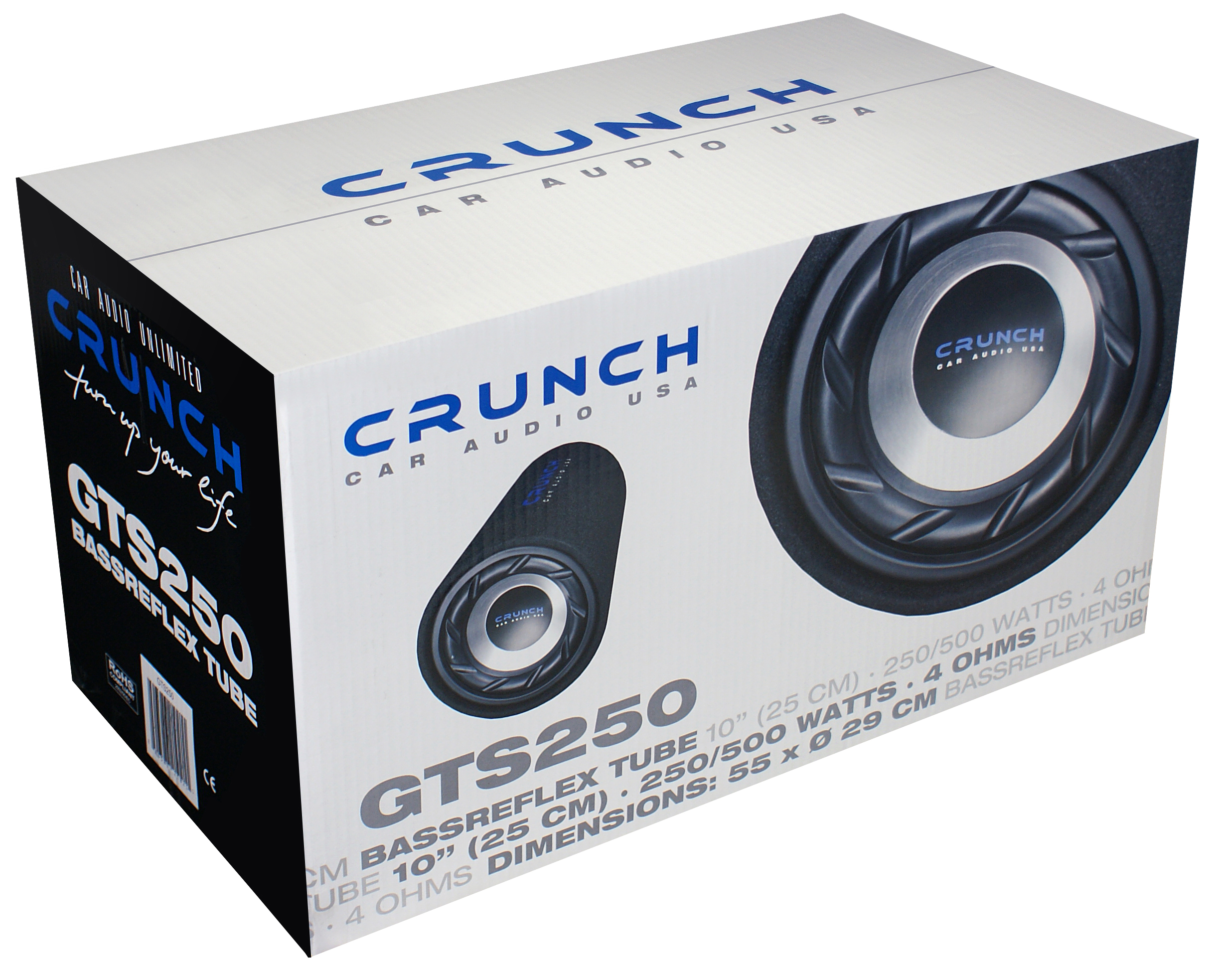 Crunch GTS250 Bassreflex-Tube-Subwoofer-Box, weiß mit schwarzem Text und einem Bild des Lautsprechers.