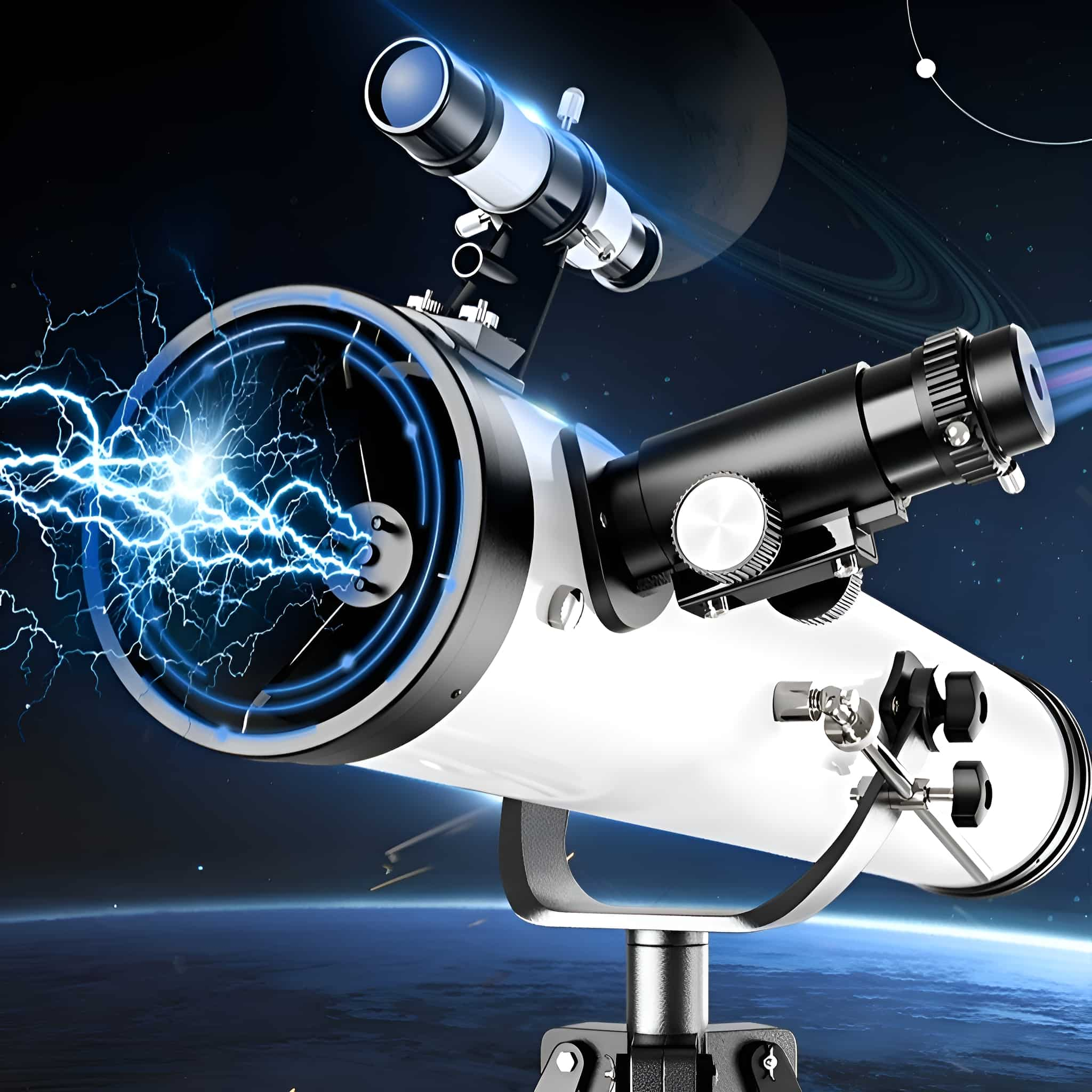 Teleskop mit zwei Linsen. Blauer Blitz und Weltraumhintergrund, Planeten zeigend.