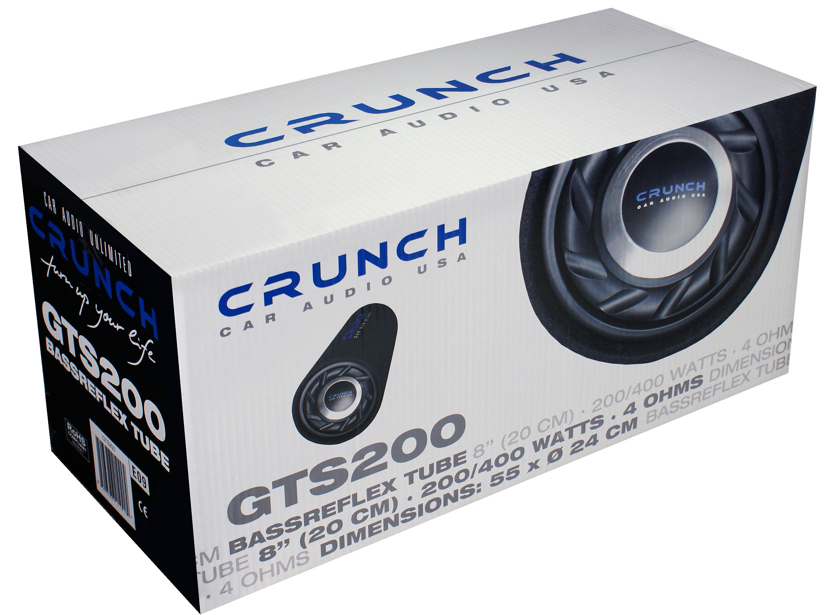 Karton mit Crunch GTS200 Bassreflexrohr-Autolautsprechern.