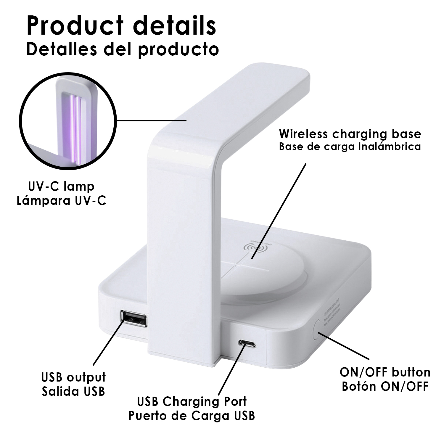 Prodotto bianco con lampada UV-C, base di ricarica wireless, uscite USB e pulsante ON/OFF.