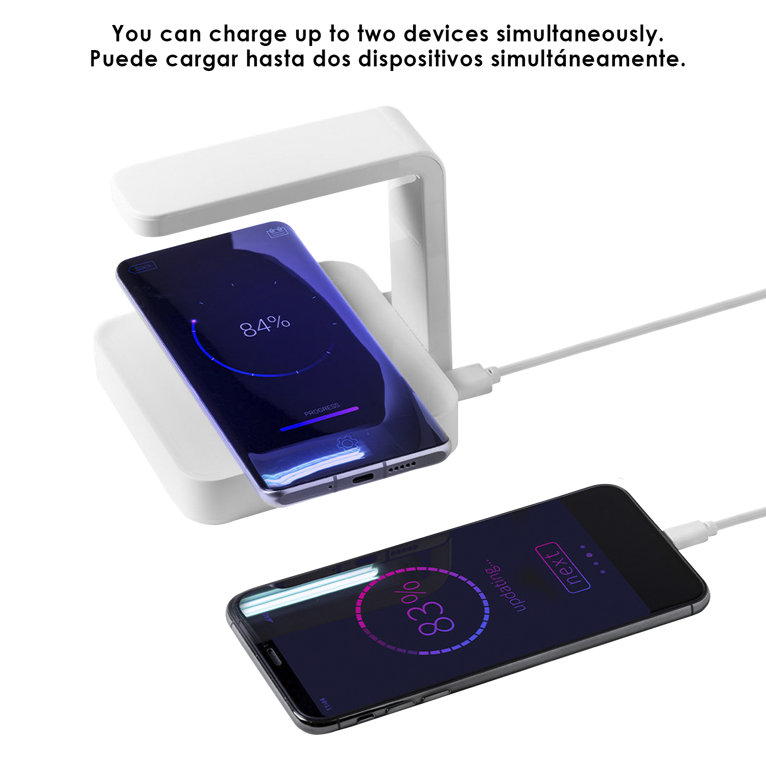 Due telefoni si caricano in modalità wireless su un supporto bianco. Uno mostra l'84%, l'altro l'83%.
