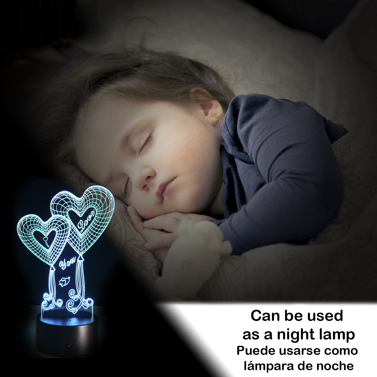 Una niña durmiendo con una luz de noche en el fondo, con dos formas de corazón iluminadas.