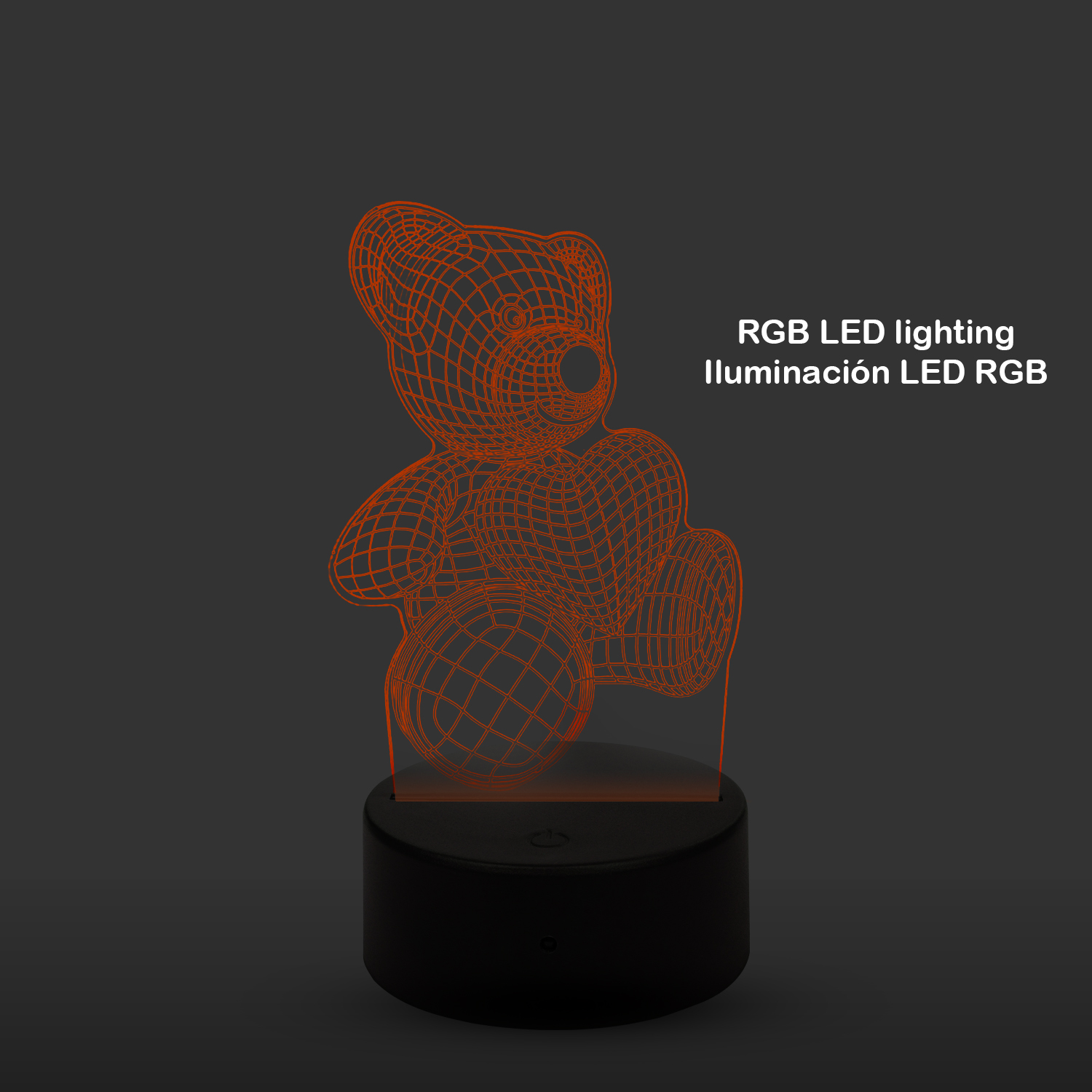 Un orsacchiotto contornato di rosso fatto di wireframe. È illuminato con luce arancione.