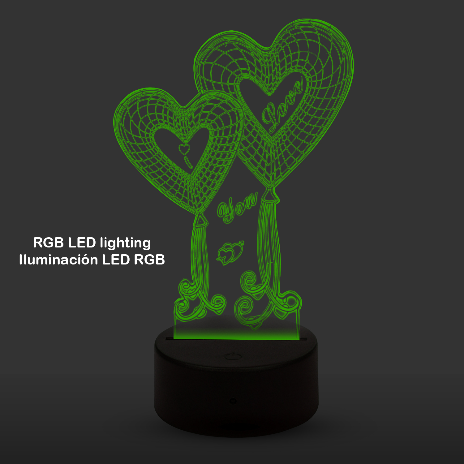 Luces LED neón verdes en forma de corazón con texto 'Love You' en base negra.
