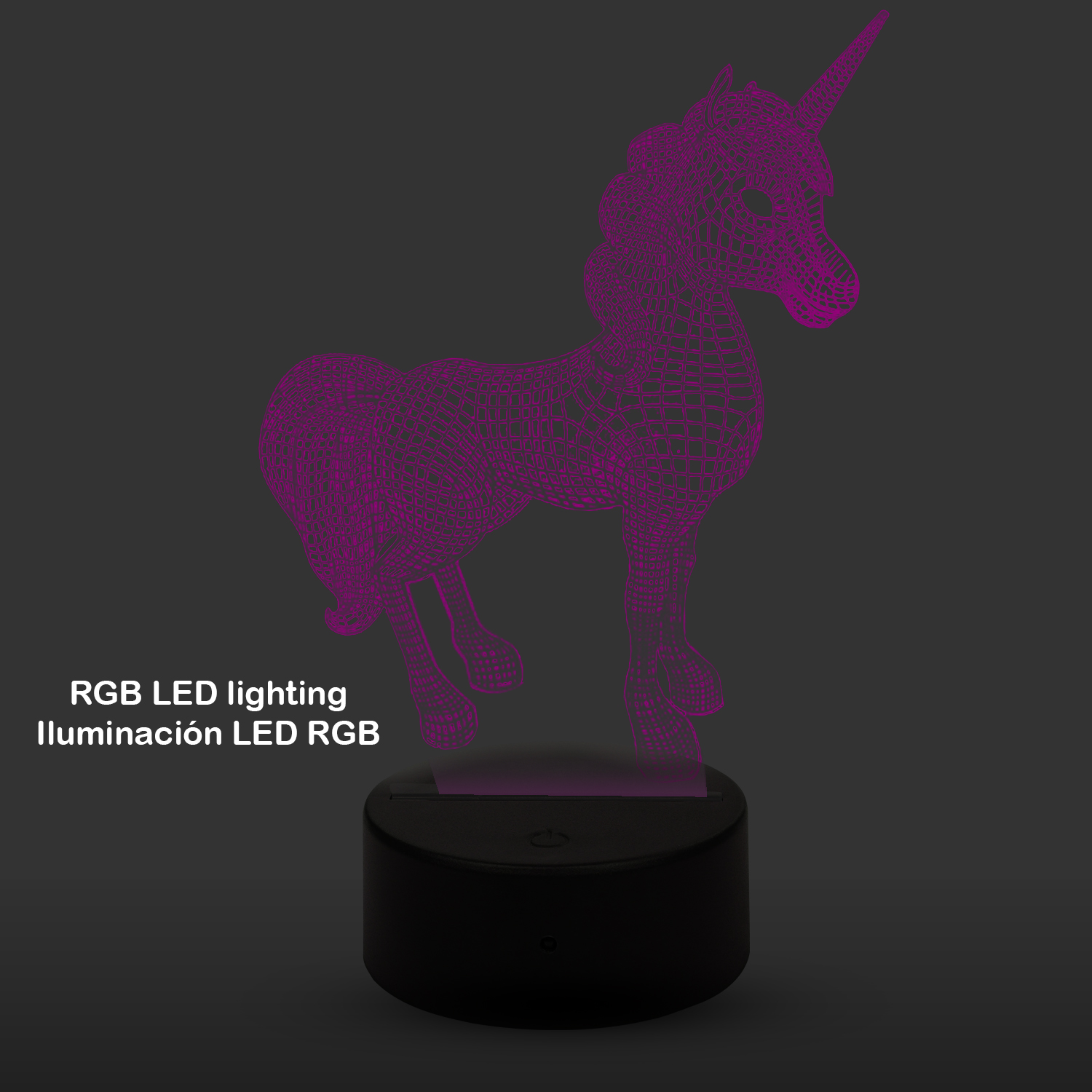 Una luce LED a unicorno rosa. L'unicorno è luminoso e su una base nera.