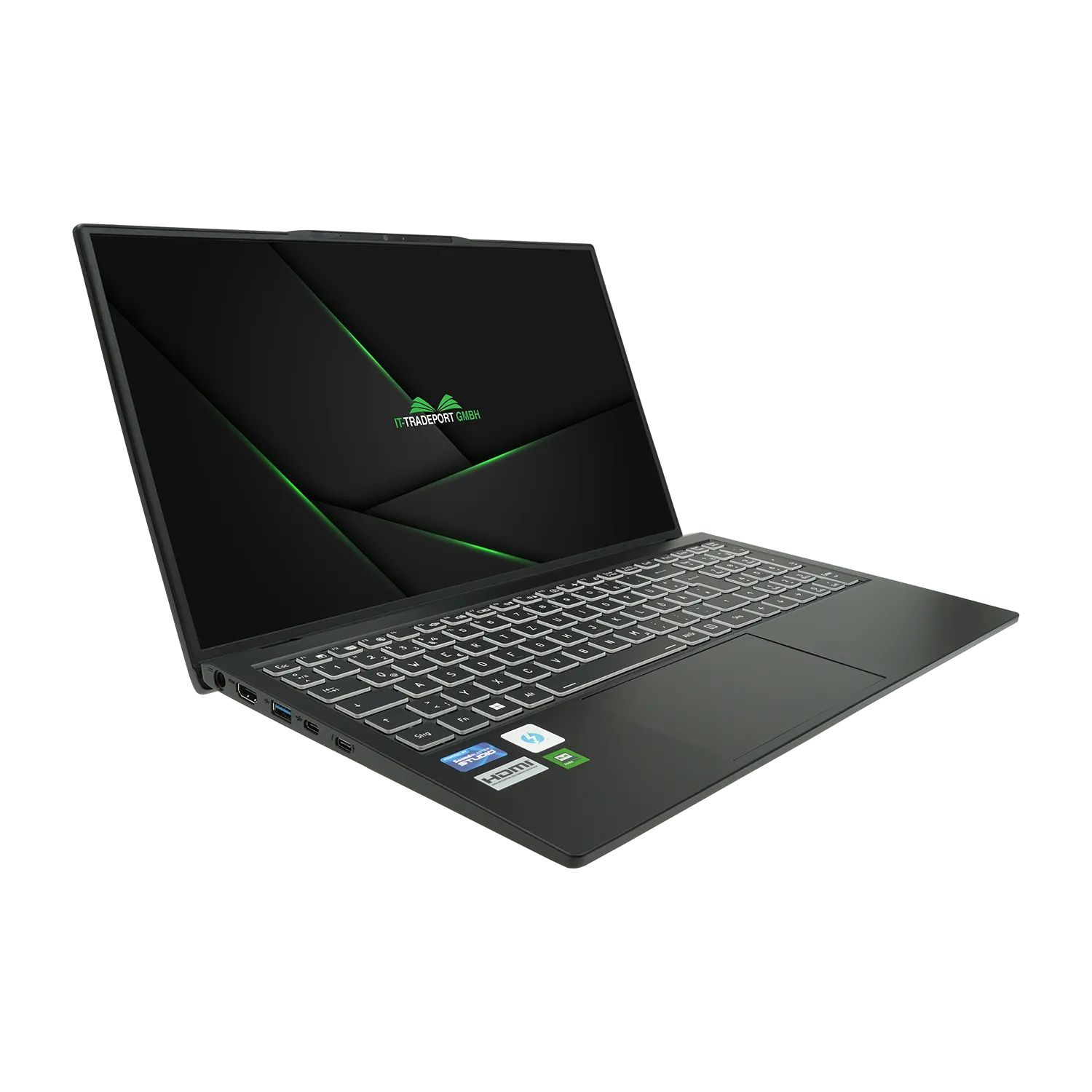 Ein schwarzer Laptop mit grünem Design auf dem Bildschirm und der Tastatur auf weißer Oberfläche.