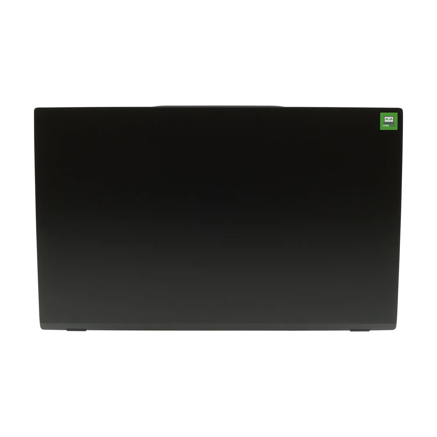 Laptoprücken mit grünem Aufkleber. Der Laptop ist schwarz und die Oberfläche ist glatt.