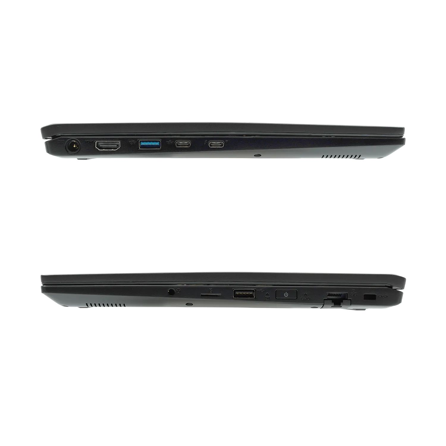 Zwei Seitenansichten eines schwarzen Laptops; Anschlüsse auf der einen Seite, Lüfter auf der anderen, auf weißem Hintergrund.