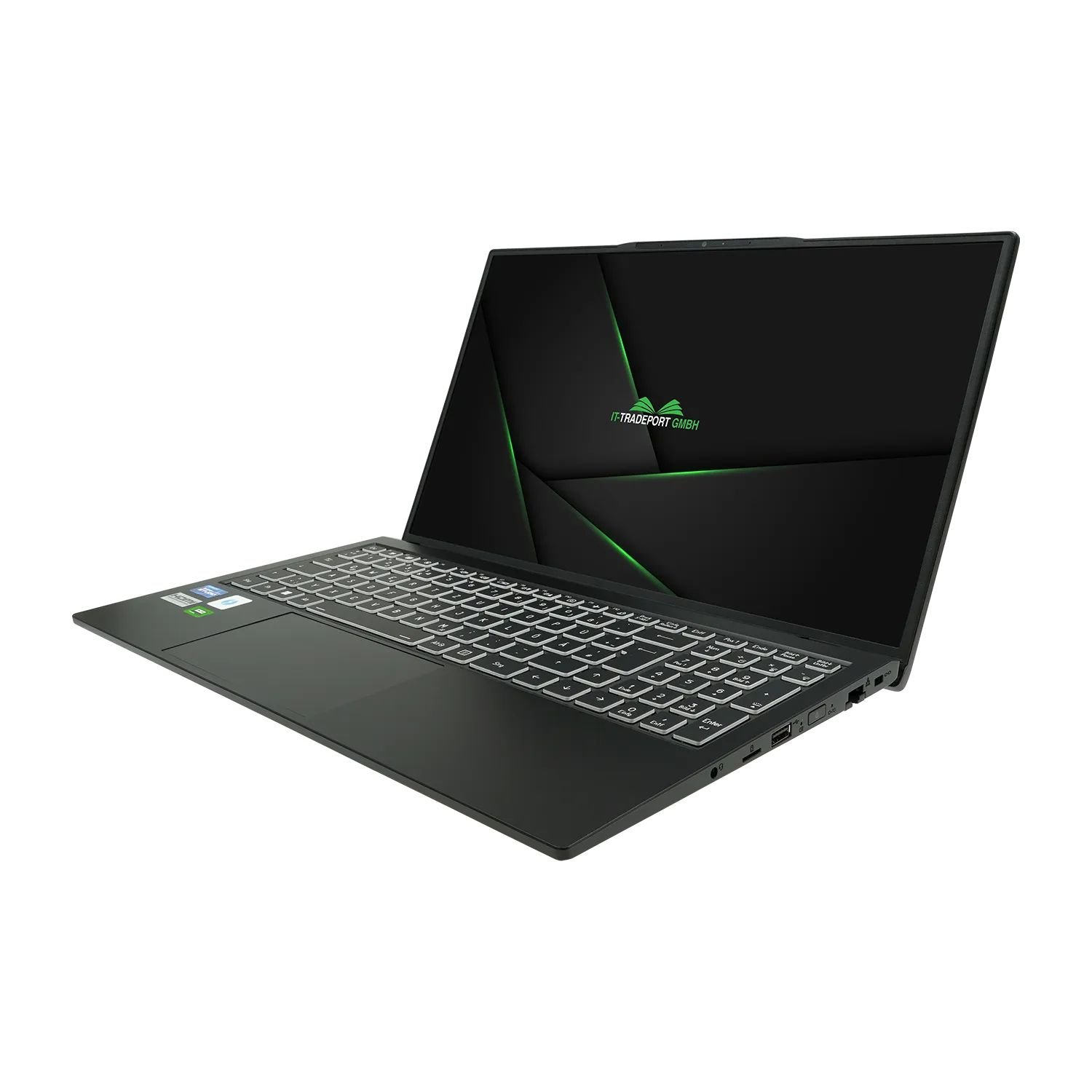Schwarzer Laptop, geöffnet, mit beleuchteter Tastatur, grünes Logo auf schwarzem Bildschirm, auf weißer Oberfläche.