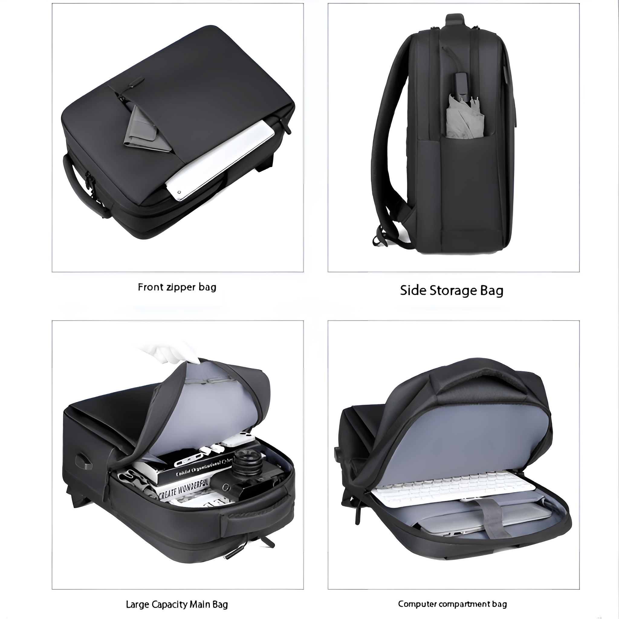 Schwarzer Rucksack mit mehreren Fächern, darunter eine Vordertasche, eine Seitentasche und ein Laptopfach.