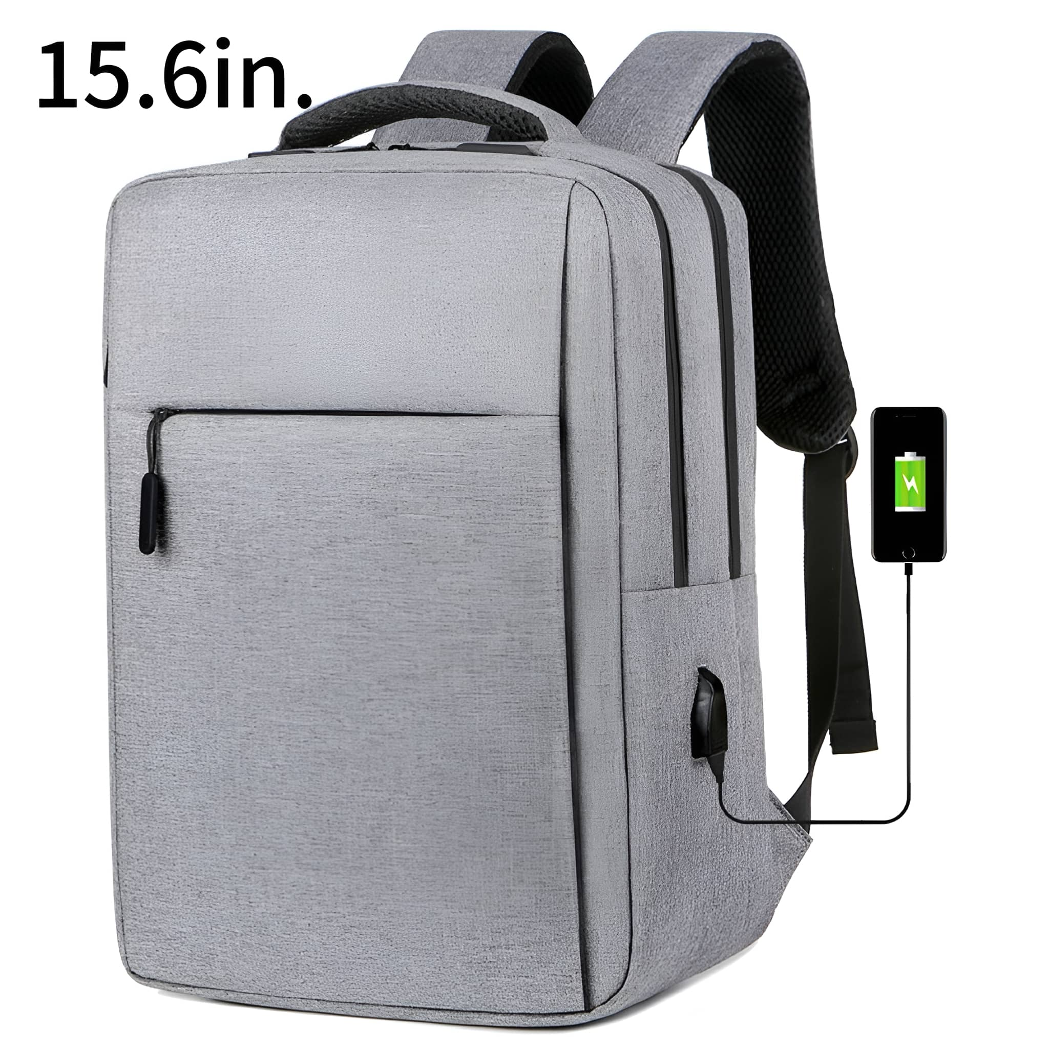 Grauer Rucksack mit 15,6 Zoll Text. Ein Telefon wird über USB geladen.