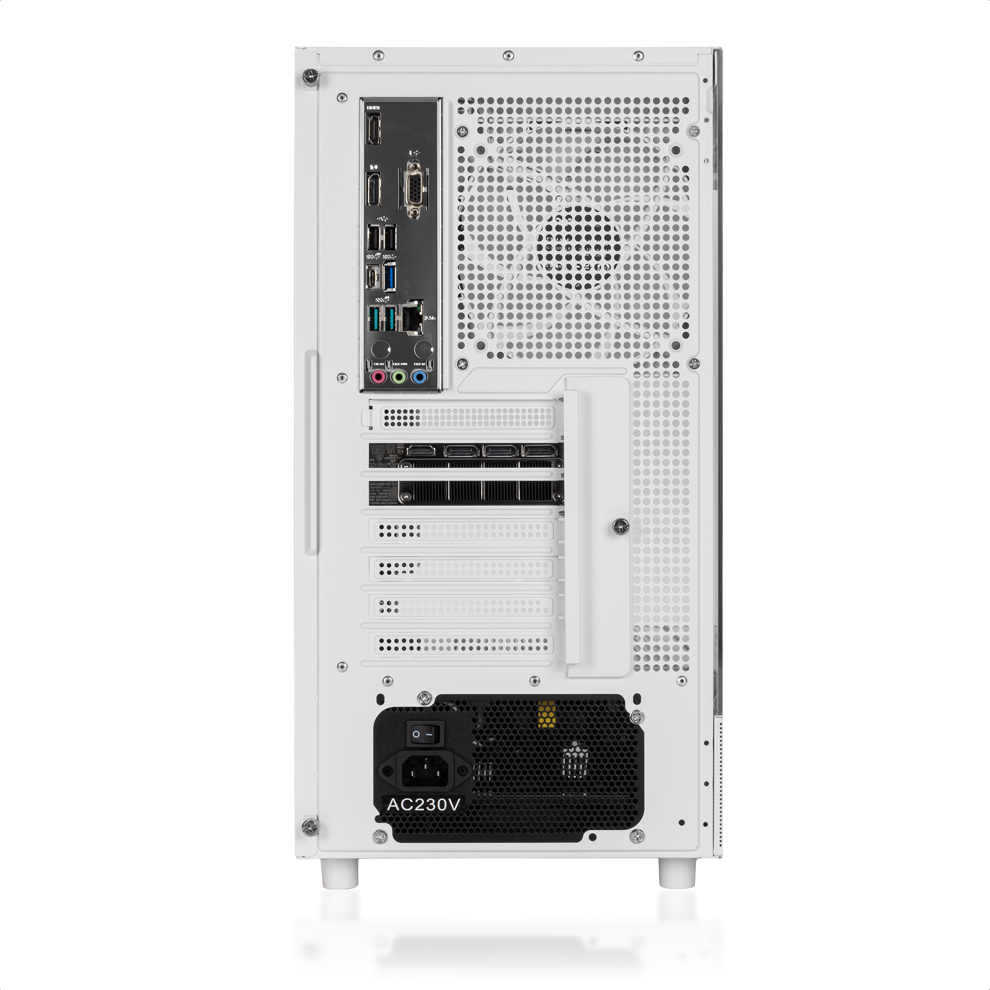 Retro di un case per computer bianco con porte e alimentatore.