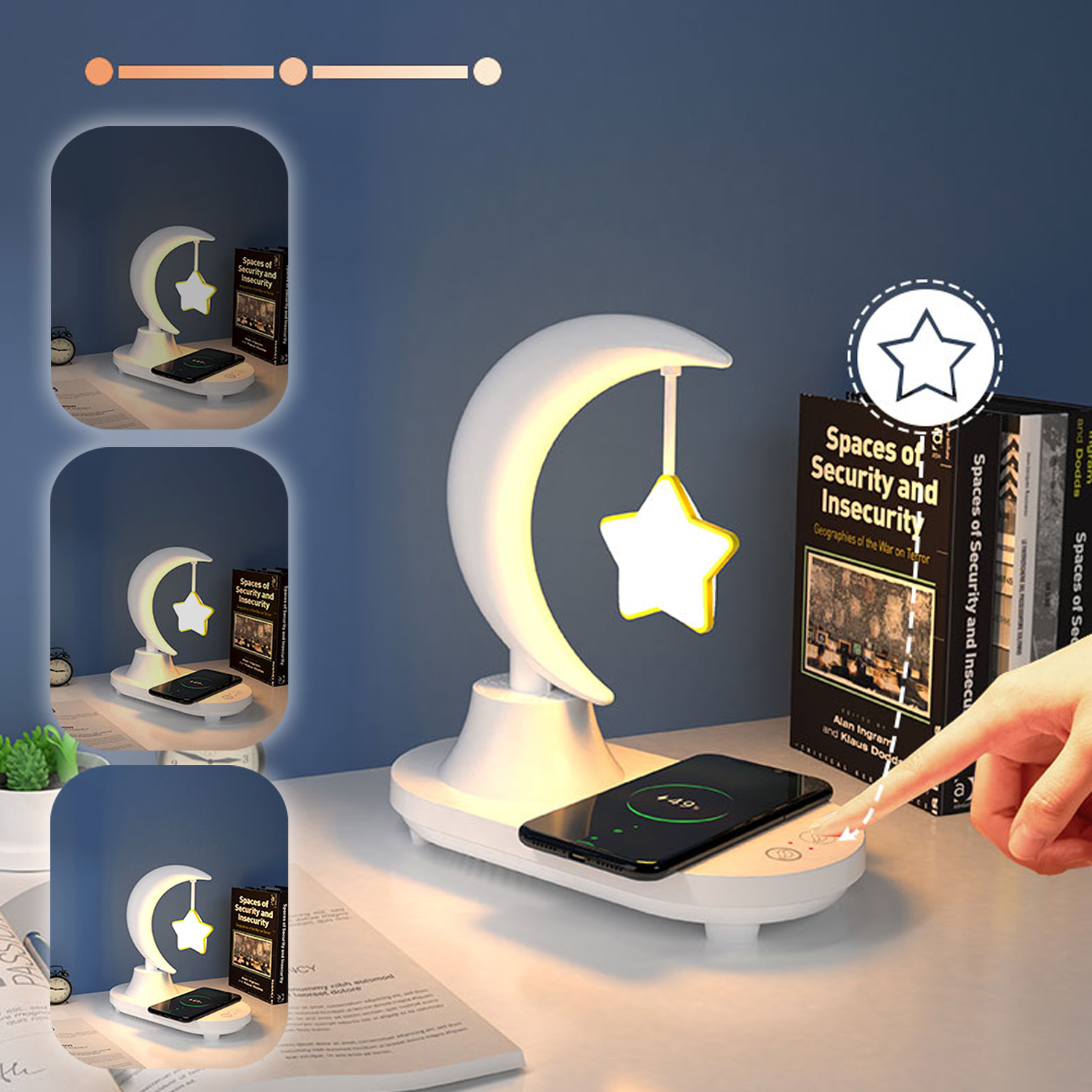 Una lampada bianca con un design a luna e stella, un caricatore wireless e due libri su un tavolo.