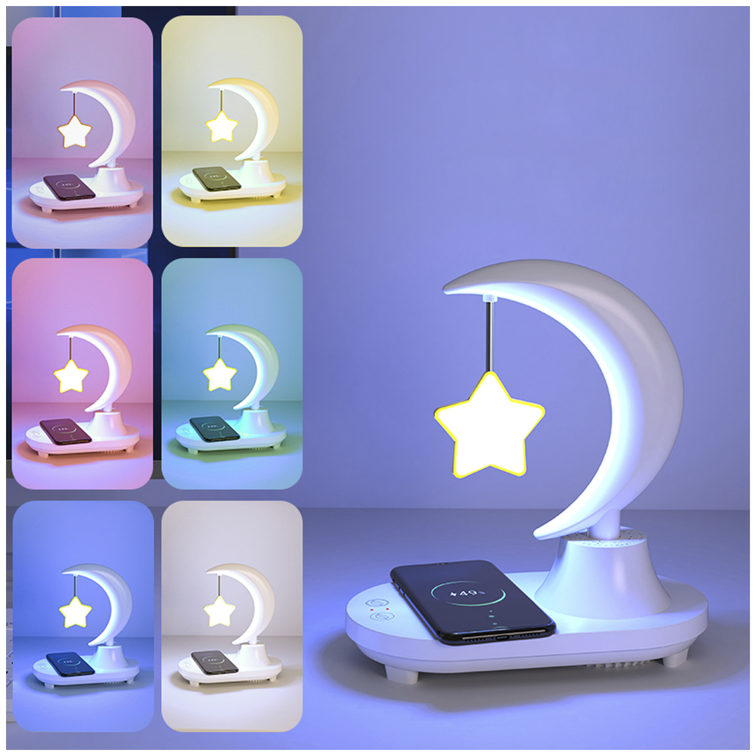 Una lampada a forma di luna crescente con una stella sospesa e un pad di ricarica per telefono, sono mostrate sei variazioni di colore.