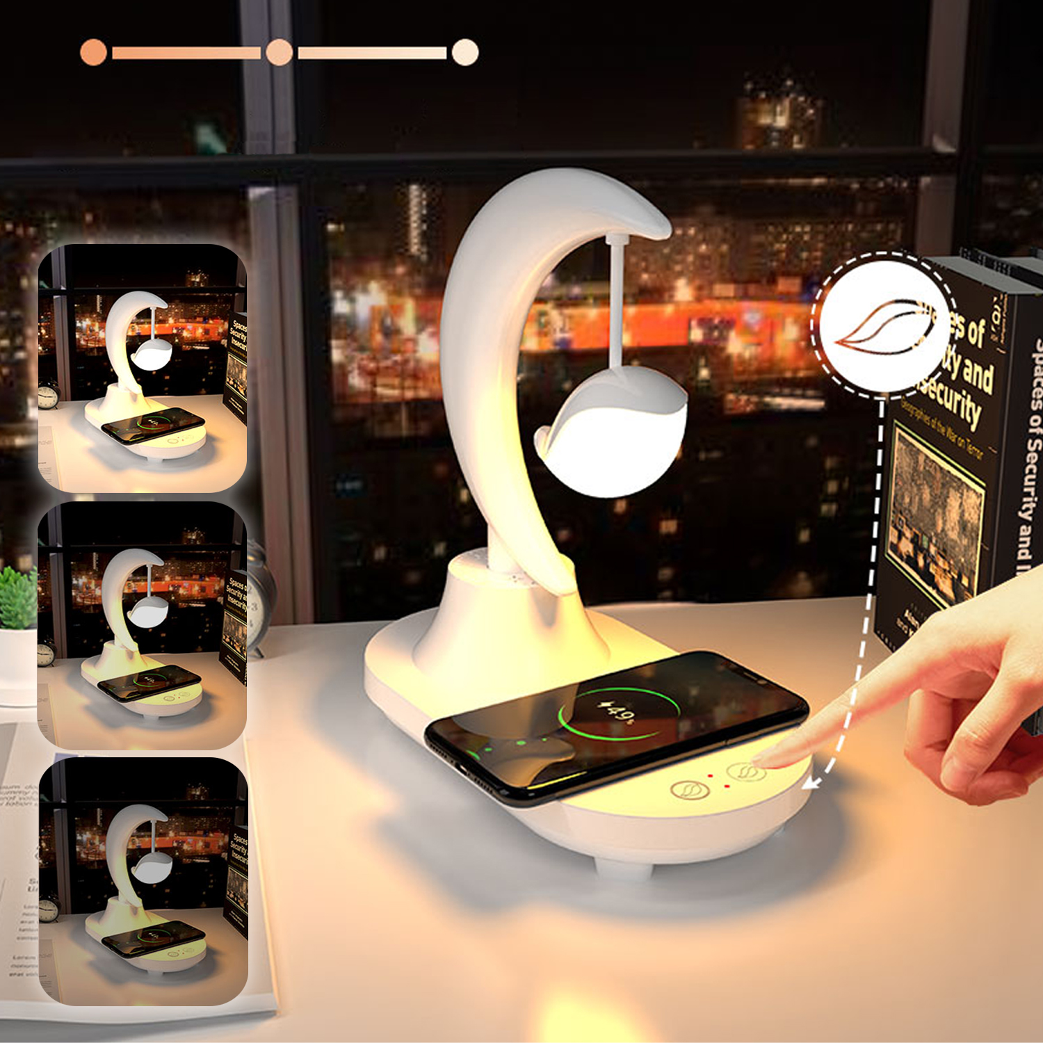 Lampada bianca con base di ricarica per telefono, mano che tocca la base, e diverse modalità di illuminazione.