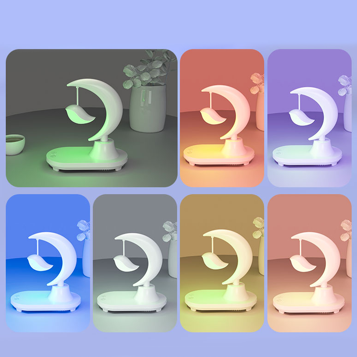 Sei immagini che mostrano una lampada a forma di luna in diversi colori: verde, giallo, viola, blu, arancione e bianco.