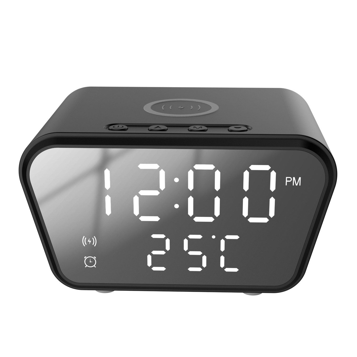 Una sveglia digitale nera con un ampio display che mostra l'ora e la temperatura.