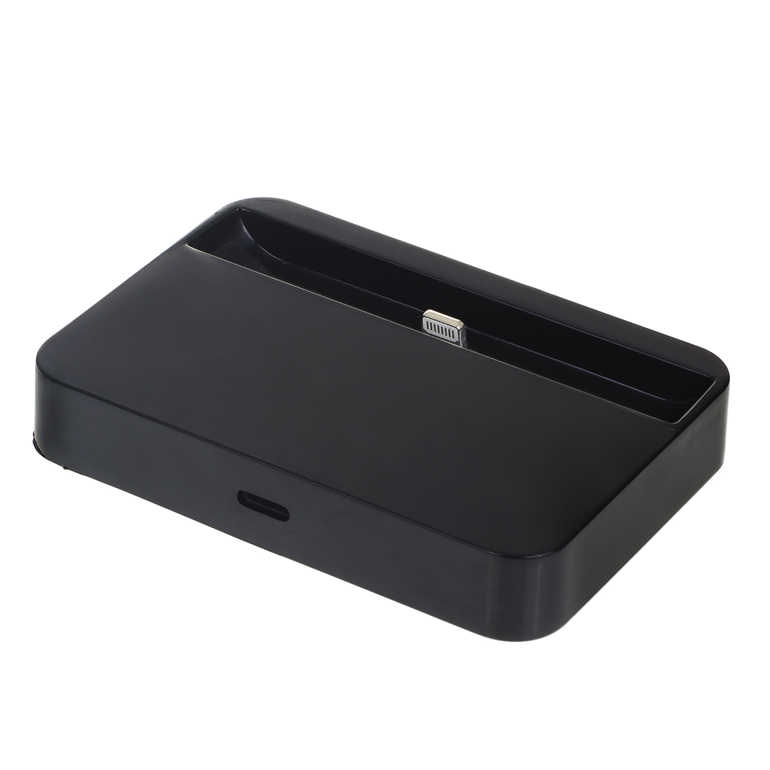 Una docking station nera con una porta Lightning, che mostra uno slot per un dispositivo.