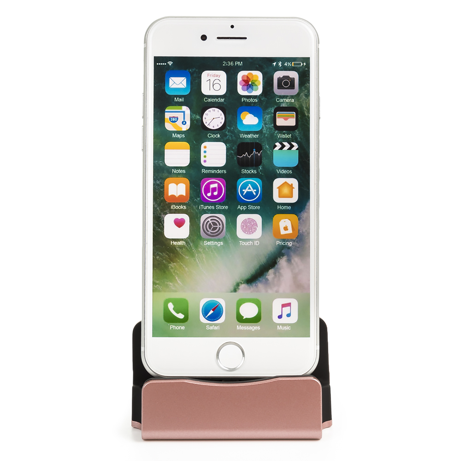 Uno smartphone bianco su un supporto oro rosa. Lo schermo mostra icone di app.